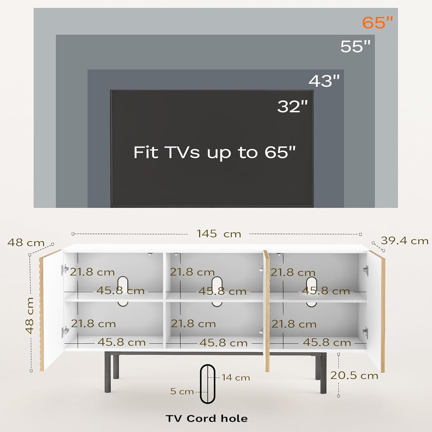 roomfitters Modern TV Cabinet, TV Unit for TVs up to 65”, Wood TV Stand Cabinet, Mid Century TV Media Units with Storage, TV Cupboard for Living Room, Wood Print Carved Geometric Design