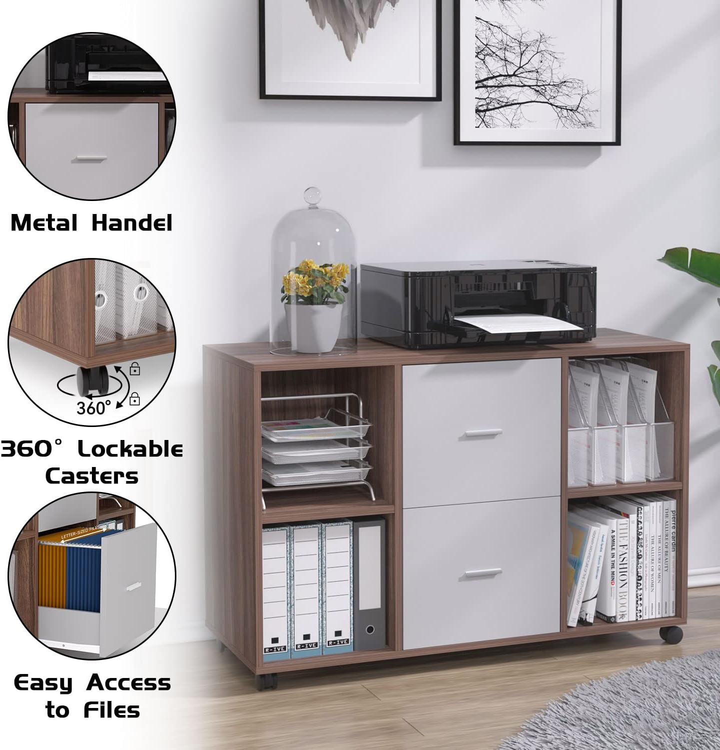 Williamspace File Cabinet for Home Office Filling Cabinets with 2 Drawer & 4 Shelves, Large Mobile Printer Stand with Storage Cabinet on Wheels (Walnut + Grey)