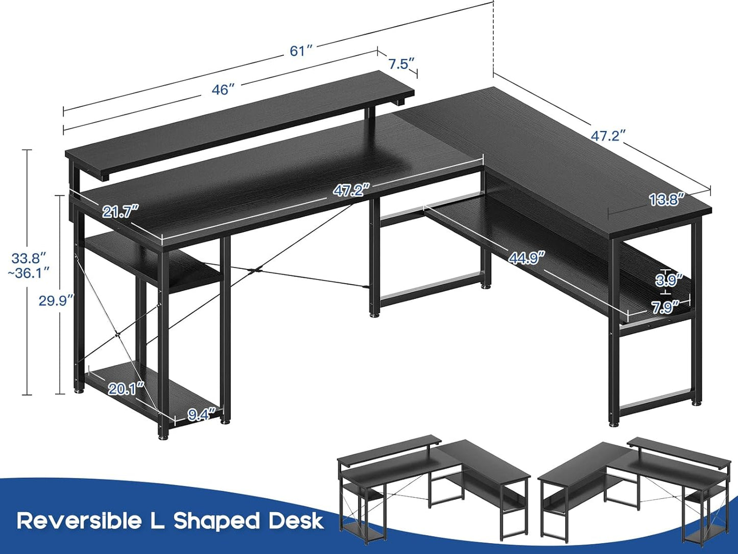 ODK 61" Reversible L Shaped Computer Desk, Modern Black Corner Desk with Storage Shelves & Monitor Stand, Home Office, Gaming, Writing Desk