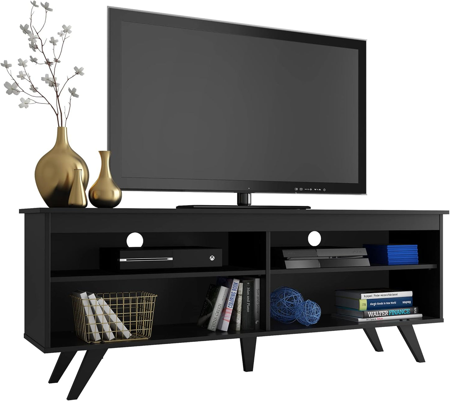 MADESA Modern Entertainment Center, TV Unit, Console Table, TV Stand for TVs up to 65 Inches, with Wire Management and Storage Shelves (Black)