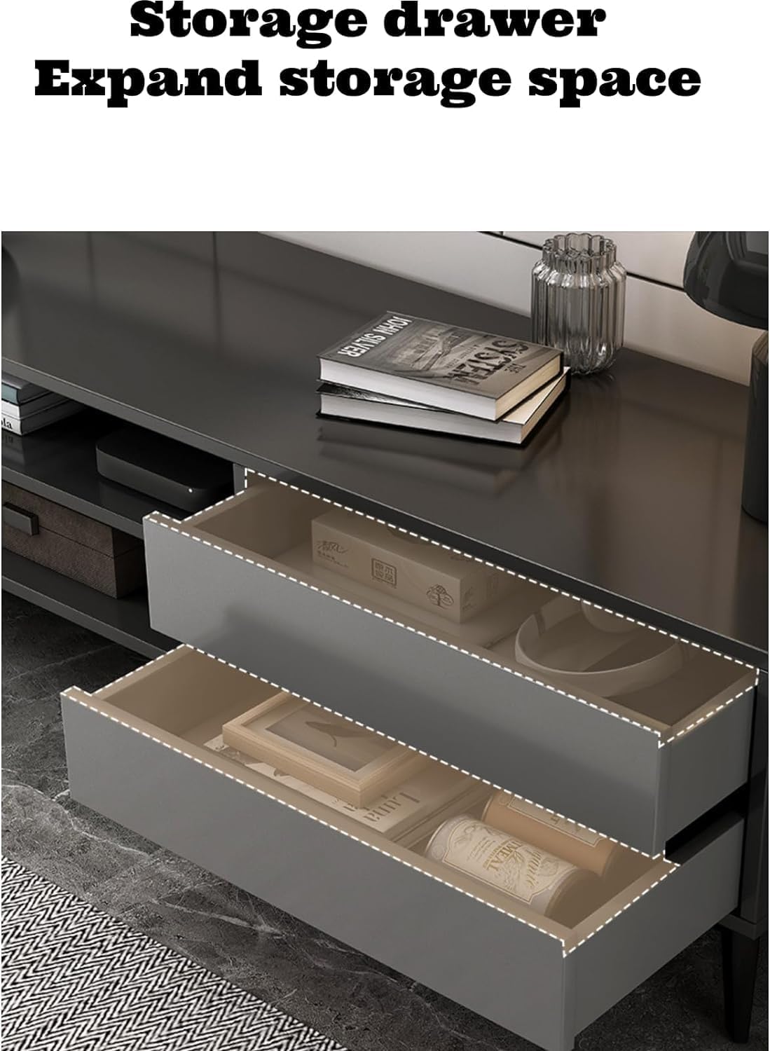 TV Table Multifunctional TV Cabinet, Simple Style Media Storage Stand Console Table with 2 Drawers 3 Layer Storage Shelves, for Living Room 120x30x40cm (Black&Gray)