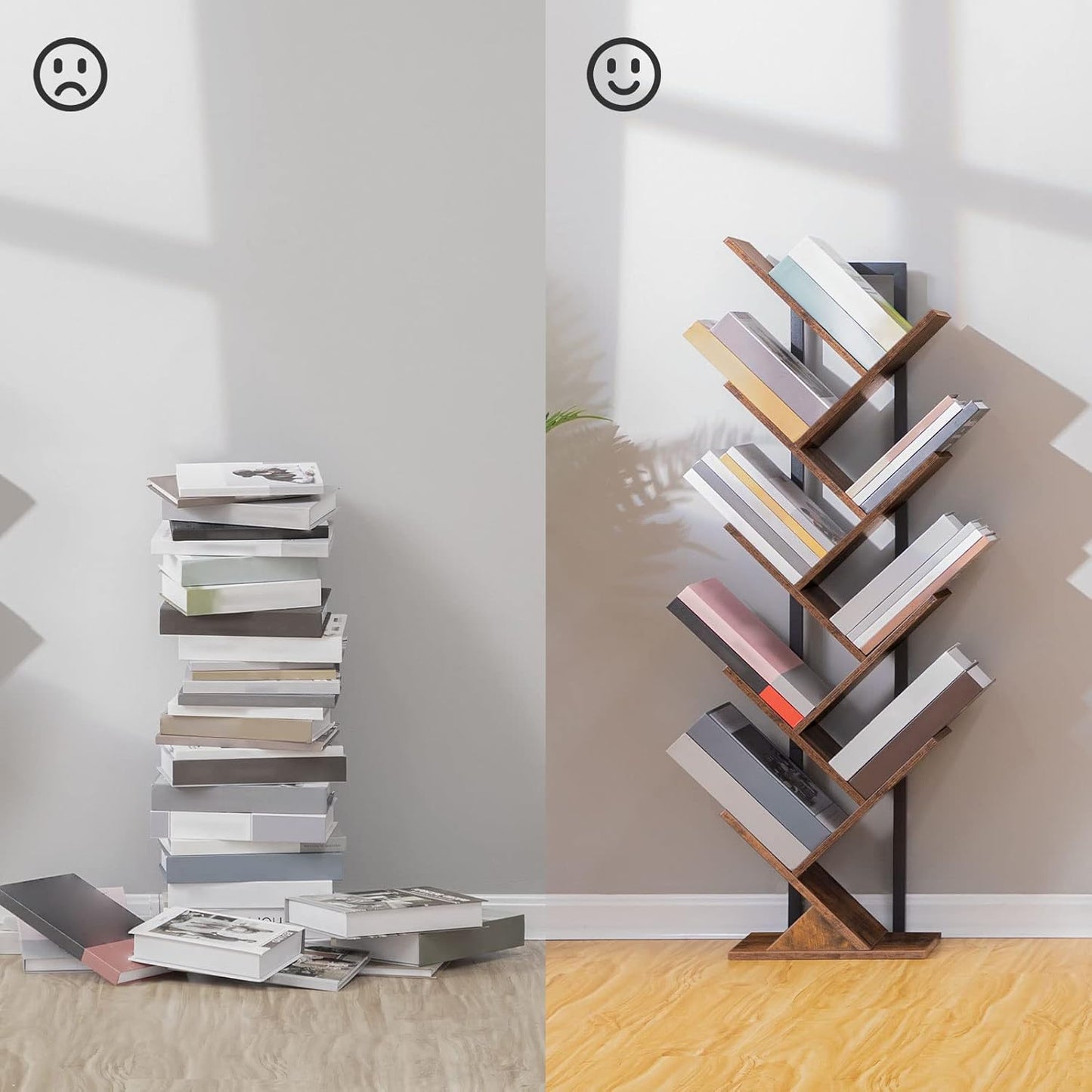 HOOBRO Tree Bookshelf Tall, 9-Tier Floor Standing Book Shelf, Tall Bookcase with Wooden Shelves for CDs Albums, Metal Frame, for Living Room, Kitchen, Home Office, Industrial, Rustic Brown EBF08SJ01
