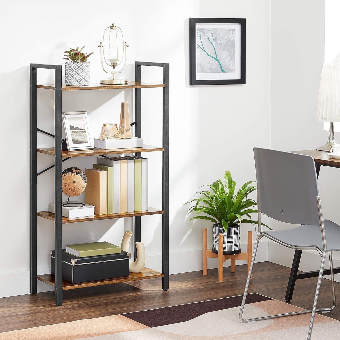 SKY-TOUCH Ladder Shelf, Bookshelf Rack 4 Tier Storage Organizer Shelf, Shelf Unit, Plant Stand, Living Room Bookcases, Industrial Bookshelf, for Bedroom, Kitchen, Office, Brown, 47x26x12 inch