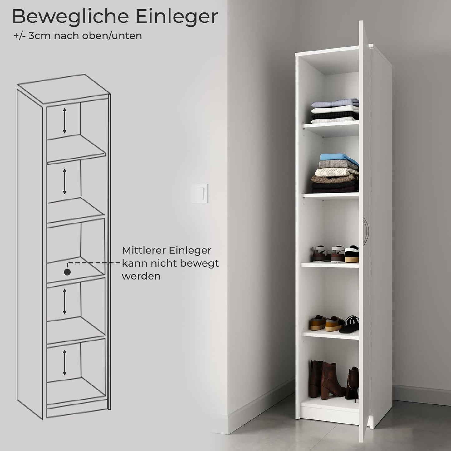 Schrank Mehrzweckschrank Sonoma 40cm Breite 180cm Höhe mit Vier Einlegeböden schmaler Aktenschrank Organizer Kleiderschrank aus MDF Holz