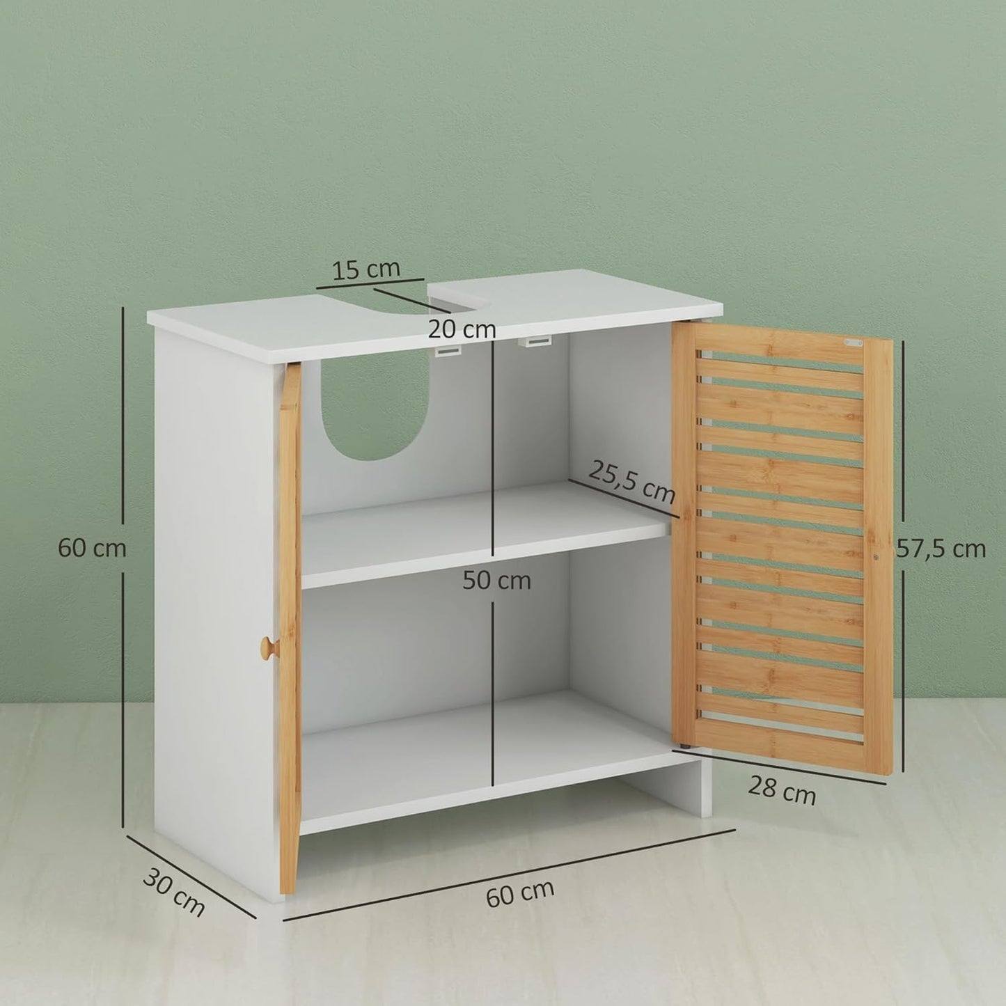 HOMCOM Modern Under Sink Cabinet with Magnetic Bamboo Doors and Adjustable Shelf 60 x 30 x 60 cm White and Natural