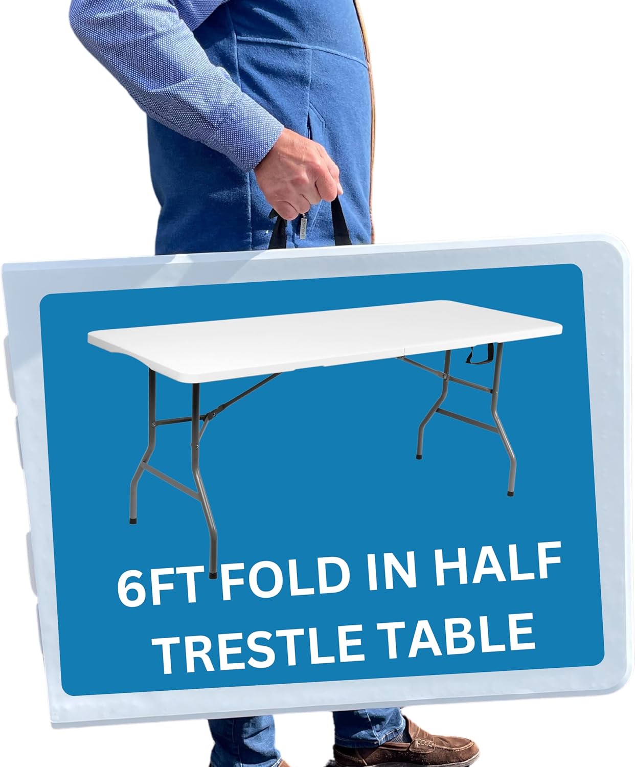 Durabull 6ft Plastic Folding Trestle Table - Heavy Duty -Indoor & Outdoor Solution for All Occasions - 150kg Capacity- Easy Setup, Folds in Half for Compact Storage, Portable with Carry Handle