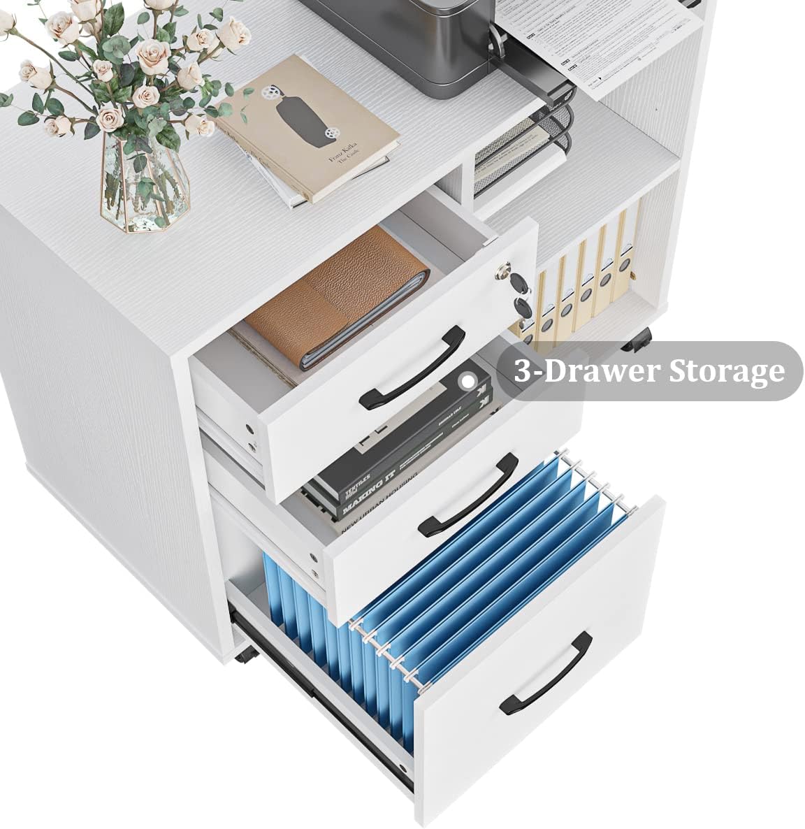 Panana 3 Drawer Office File Cabinets, Mobile Lateral Printer Stand with Open Storage Shelf, Rolling Filing Cabinet with Wheels Home Office Organization and Storage (White)