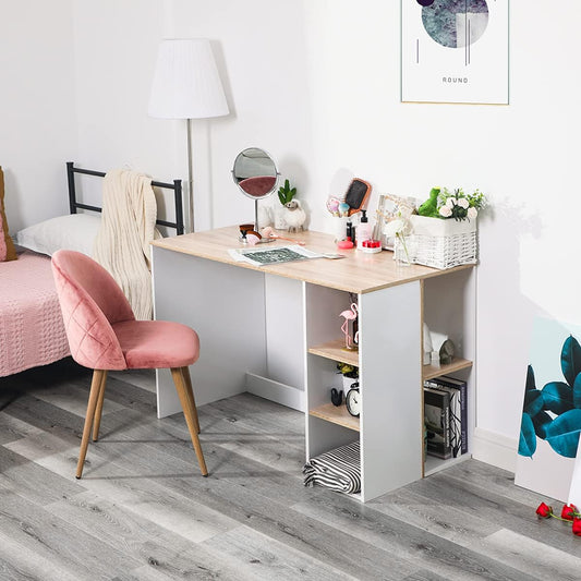 Writing Computer Desk with Storage, Large Study Desk with 5 Shelves Home Office Table Wood Computer Workstation with Integrated Bookcase,Beech & White,Multicolor