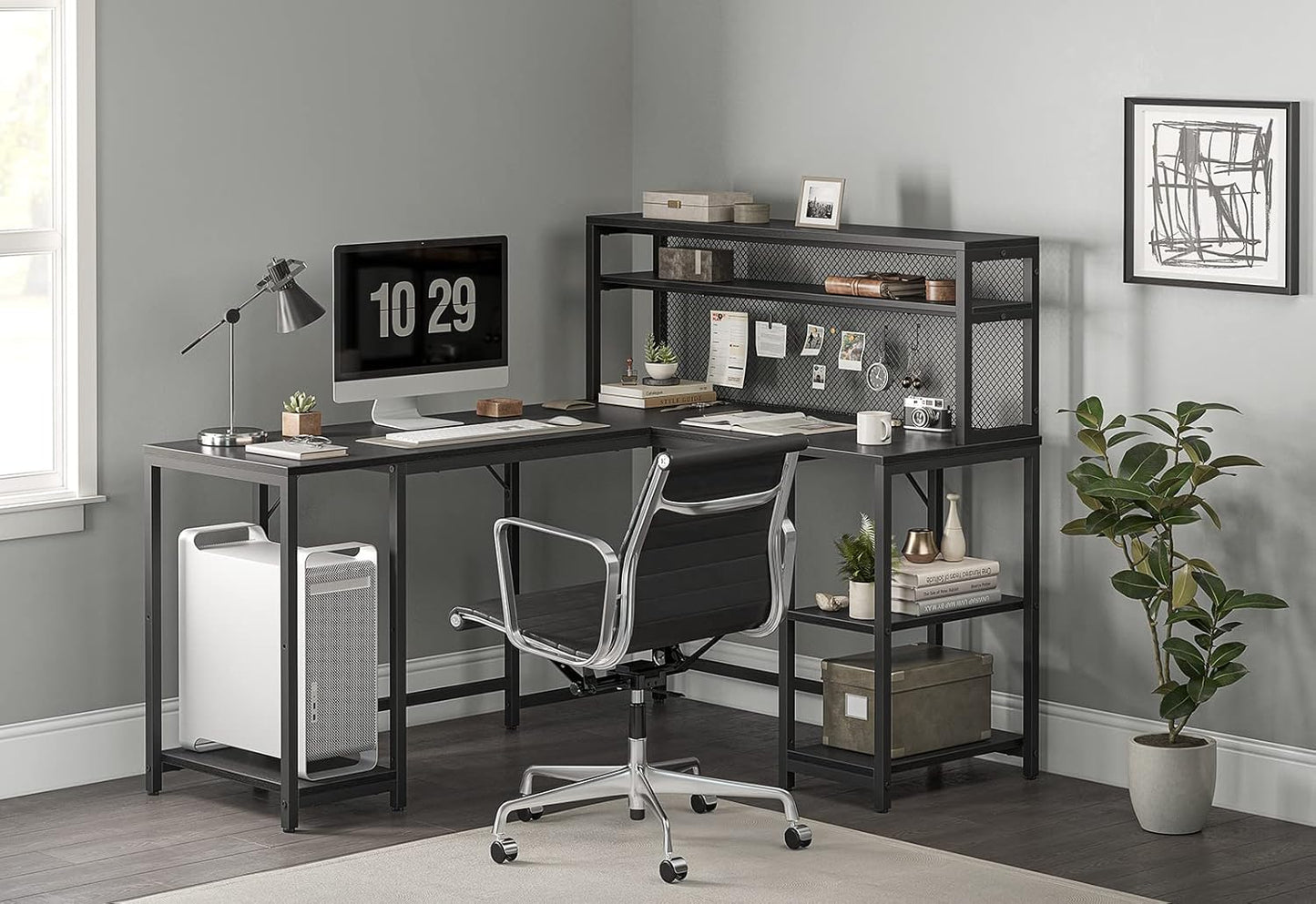 CubiCubi L Shaped Computer Desk with Hutch & Iron Mesh, 59 inch Large Home Office Desk with Storage Shelves, Study Table Writing Desk Workstation, Black