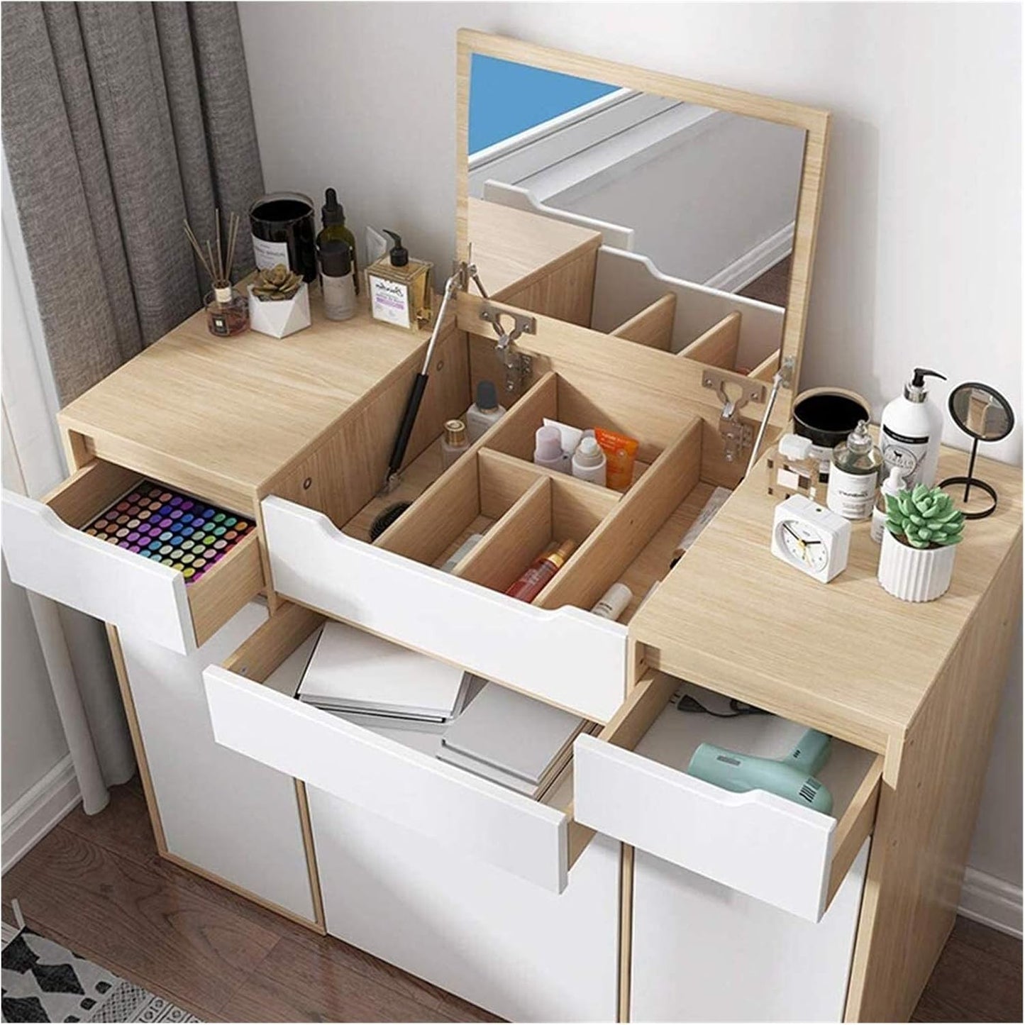 YYUUII Girls Vanity Set Dressing Table 2-in-1 Modern Makeup Vanity Desk for Bedroom, Cushioned Stool, Vanity Table with Drawers Dresser Desk for Woman (Color : Natural, Size : 80x40x80cm)