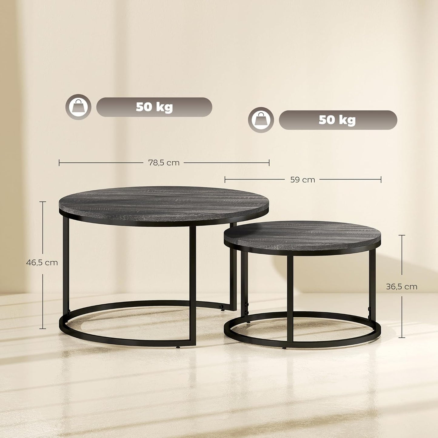 HOMCOM Set of 2 Nest Coffee Tables, Round Coffee Table, Stackable, Industrial Design, Coffee Table, Metal Legs, Black