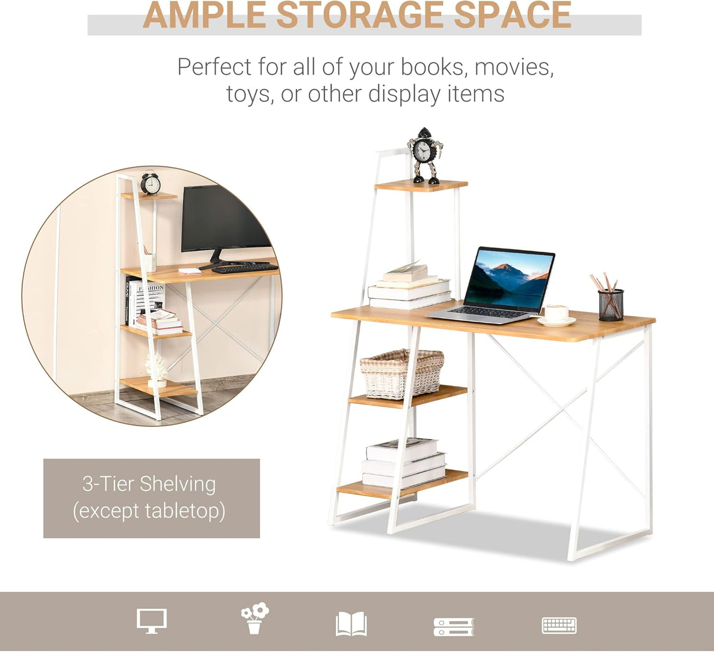 HOMCOM Home Office Computer Desk with 3-Tier Storage Shelves Study Writing Table Workstation for Small Space Natural