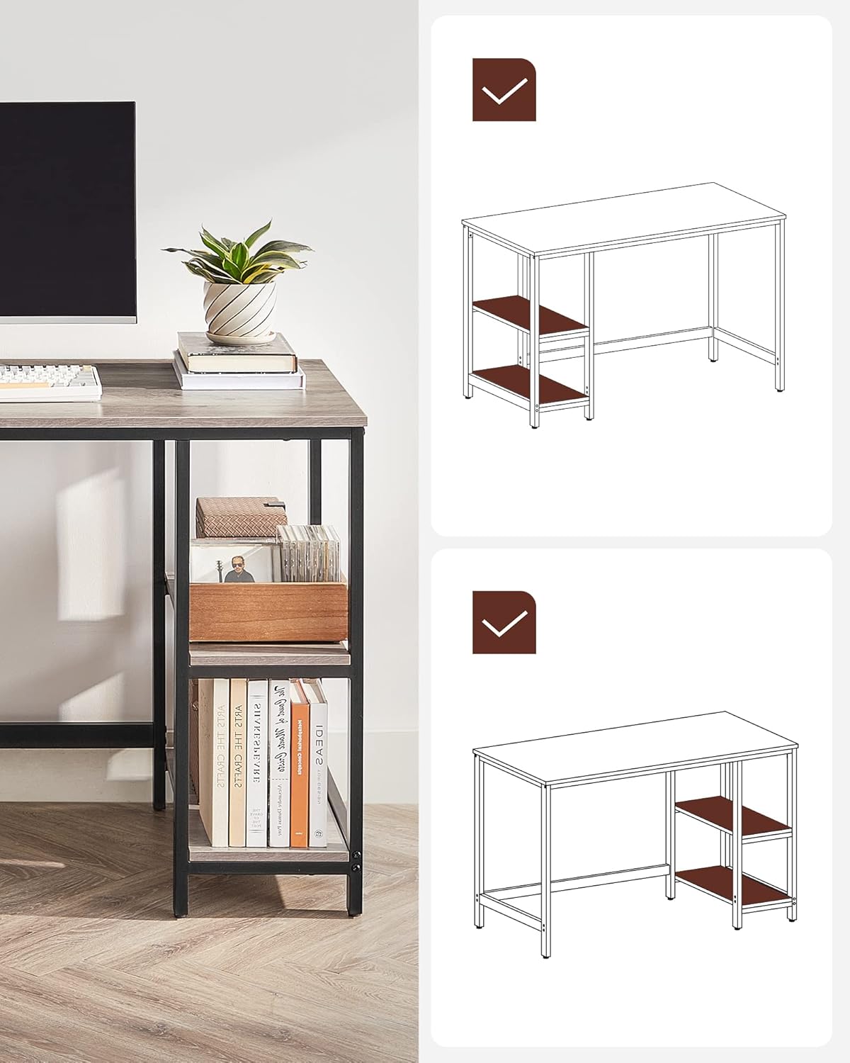 VASAGLE LWD47MB Computer Desk with 2 Shelves on Right or Left Side Office Living Room Steel Frame Industrial Design Black
