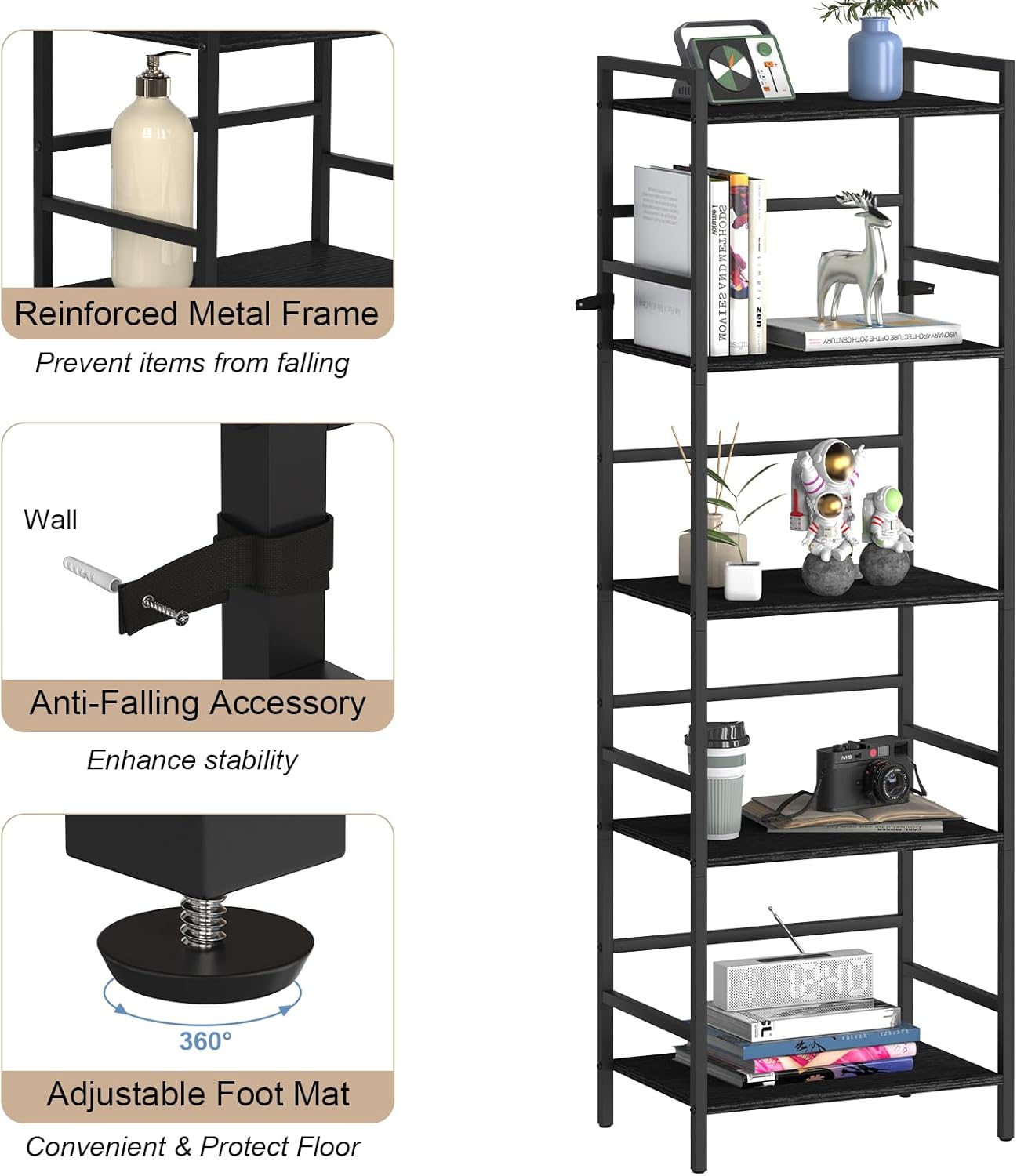 52.76in(H) Tall Bookshelf 5 Tier Bookcase Shelf Storage Organizer Industrial Freestanding Book Shelves Units Large Storage Tired Shelf for Small Space, Living Room, Kitchen, Bedroom, Modern Black