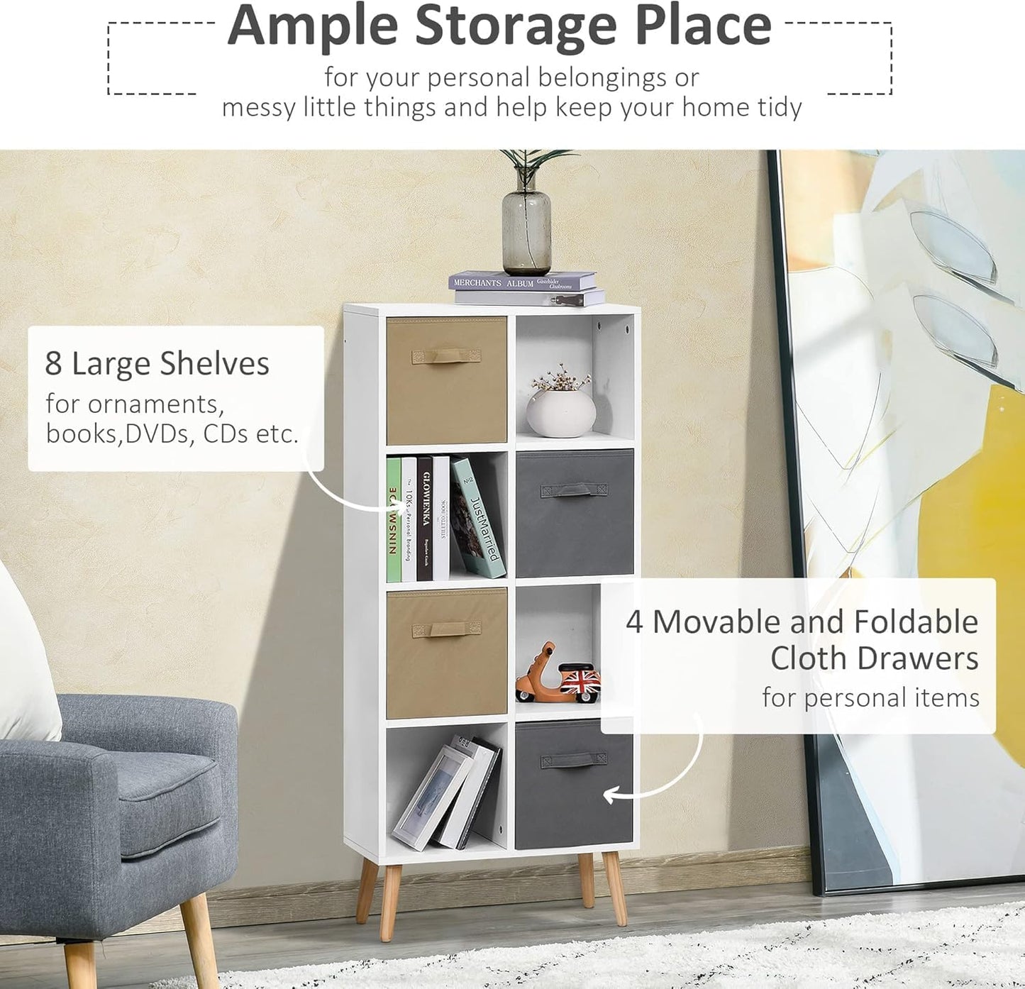 FurniFlex Free-Standing 8 Cube Storage Cabinet with 4 Fabric Drawers, 54.5 cm Length x 24 cm Width x 122.5 cm Height