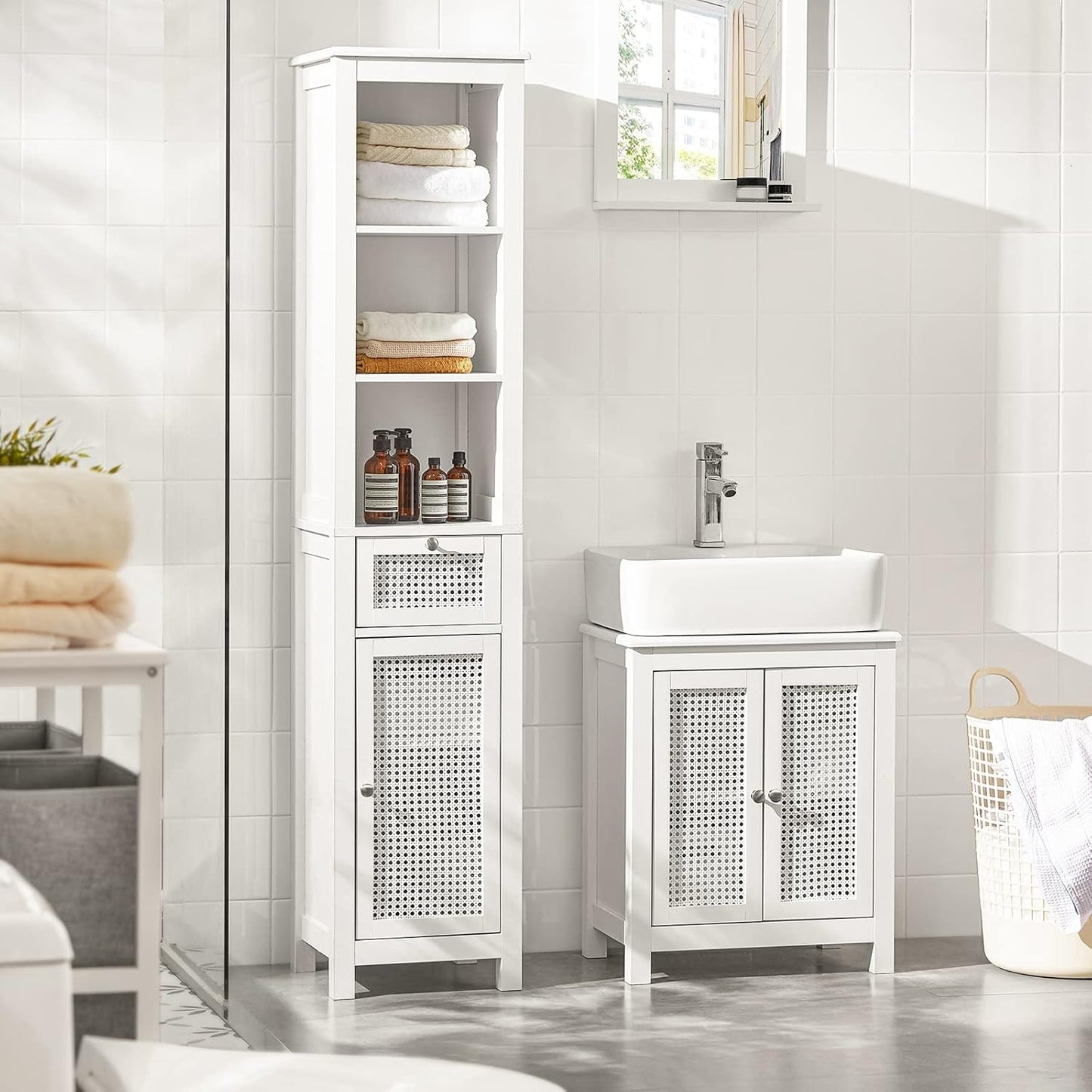 SoBuy BZR35-W Vanity Unit with Grid Look Doors, Bathroom Cabinet, White W x H x D: 50 x 60 x 33 cm