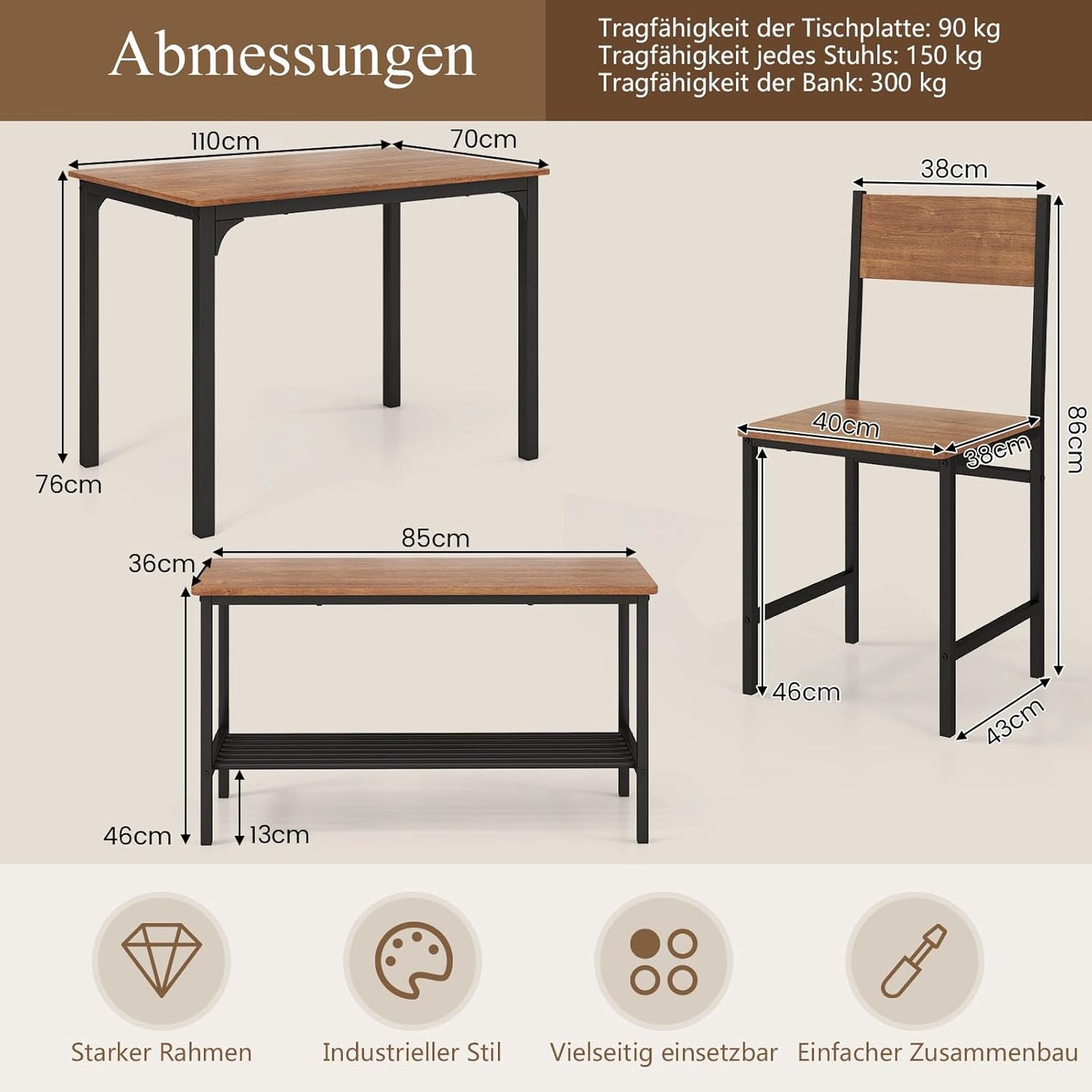 RELAX4LIFE Dining Table Set 4-Piece Dining Room Table with 2 Chairs & Bench, Seating Set with Storage Shelf, Bar Table with Metal Frame, Industrial Design, Dining Room Set for Kitchen, Dining Room