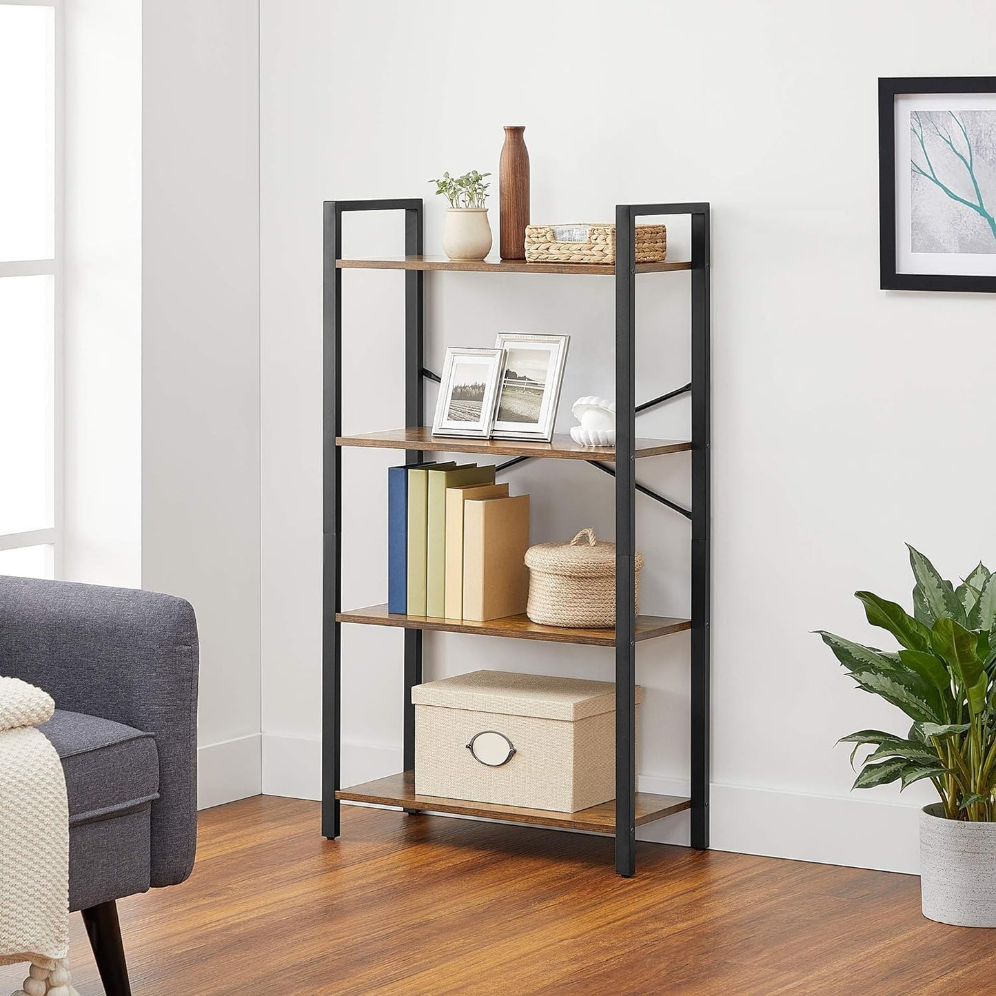 SKY-TOUCH Ladder Shelf, Bookshelf Rack 4 Tier Storage Organizer Shelf, Shelf Unit, Plant Stand, Living Room Bookcases, Industrial Bookshelf, for Bedroom, Kitchen, Office, Brown, 47x26x12 inch
