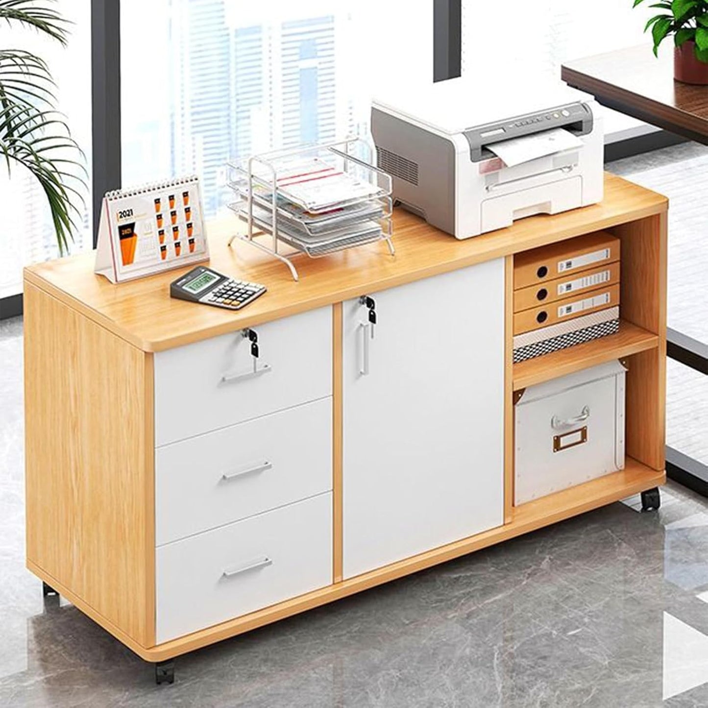 EOGILY 3 Drawer Mobile File Cabinet with Lock, Large Lateral Filing Cabinet, Drawer Storage Cabinet with Wheels,Printer Stand with Open Storage Shelf Adjustable Shelves for Home, Room, Small Spaces
