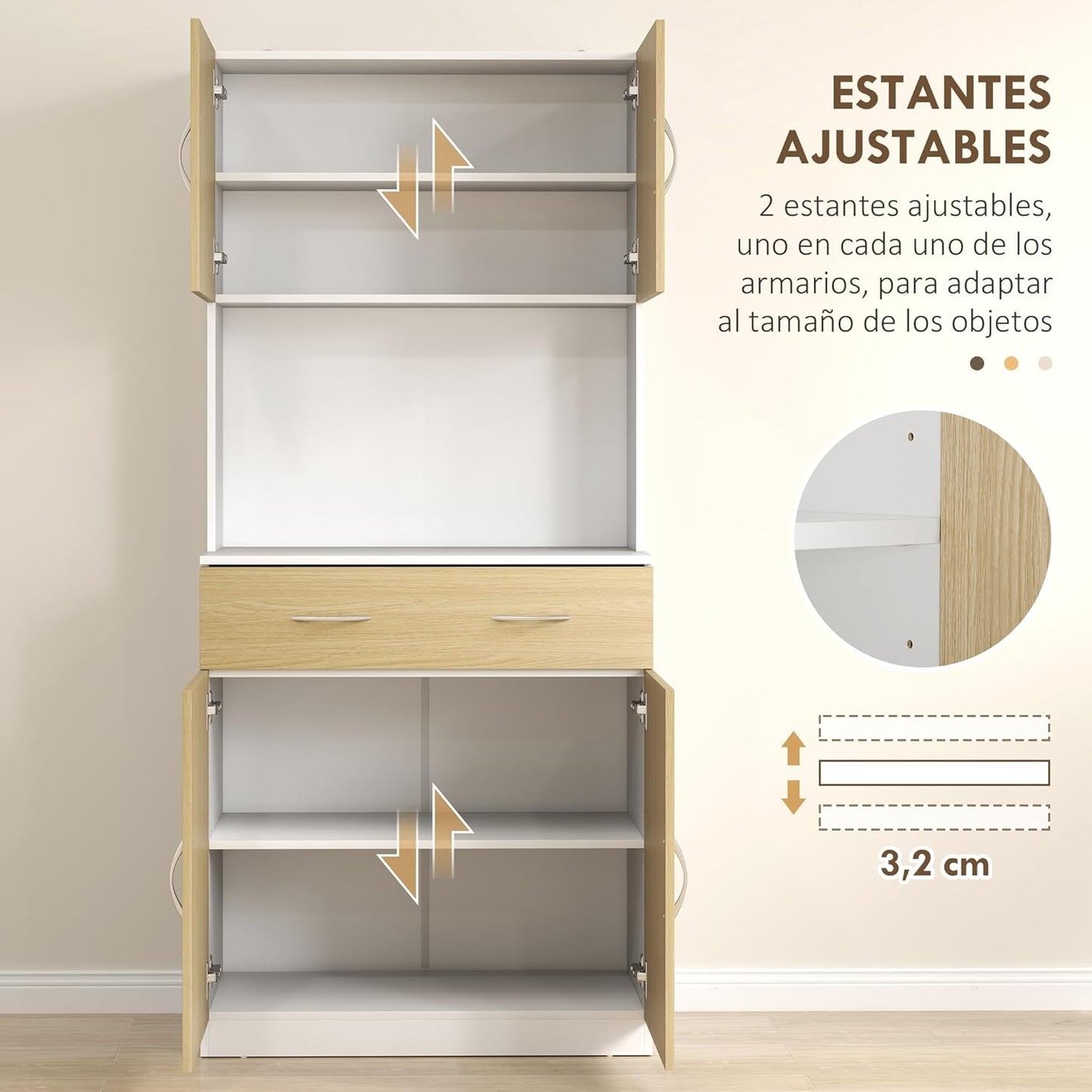 HOMCOM Kitchen Cupboard Kitchen Cabinet Kitchen Auxiliary Cabinet with Drawer Doors and Adjustable Anti-tip Shelves for Dining Room Living Room 80 x 40 x 180 cm Natural and White