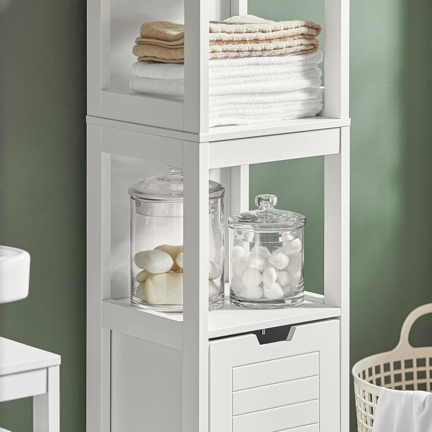 FurniFlex High Bathroom Cabinet with 3 Shelves and 2 Drawers, 30 cm x 30 cm x 144 cm Size