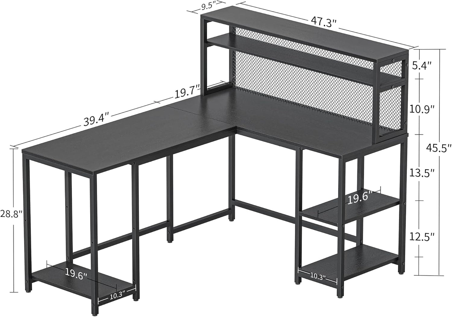 CubiCubi L Shaped Computer Desk with Hutch & Iron Mesh, 59 inch Large Home Office Desk with Storage Shelves, Study Table Writing Desk Workstation, Black