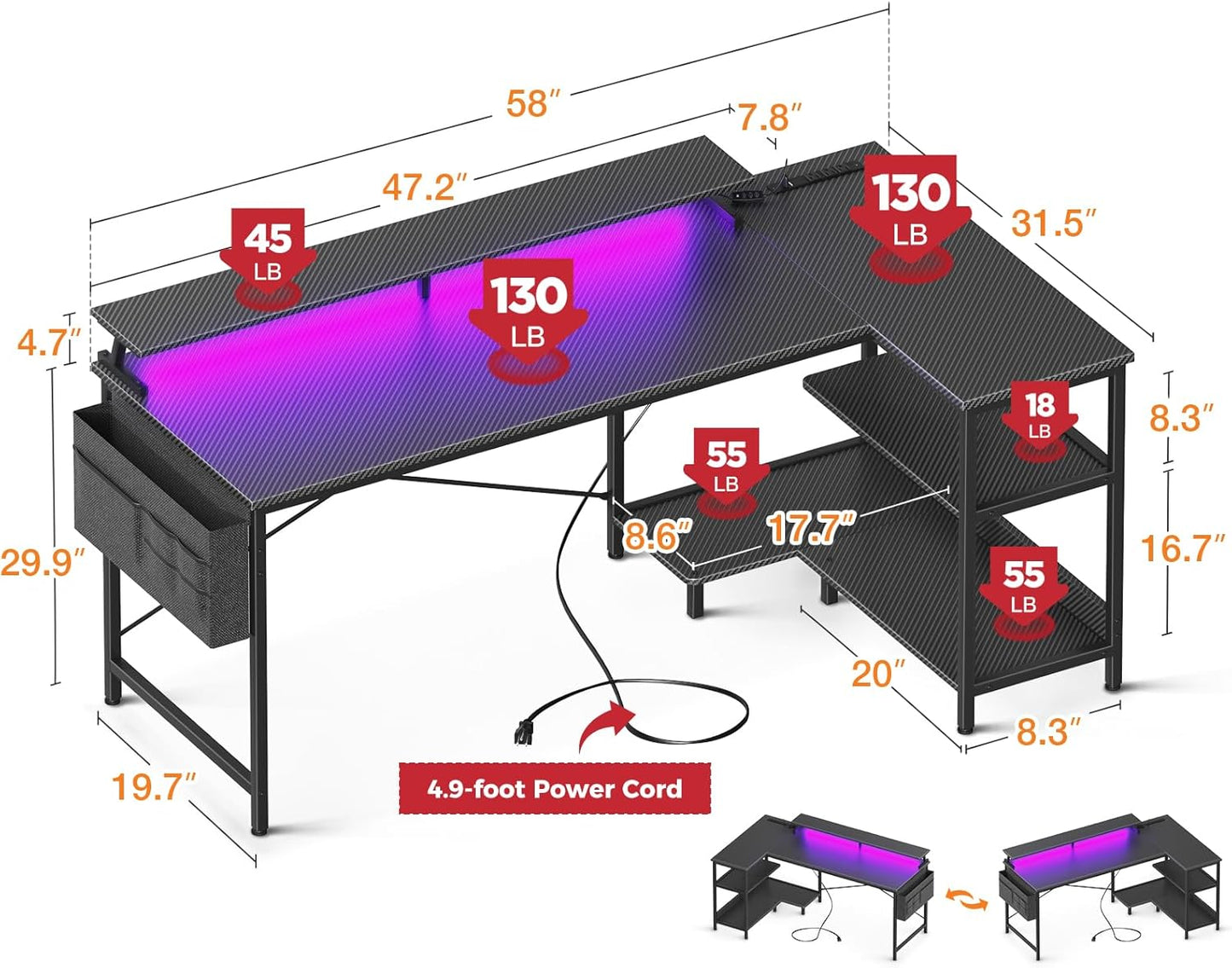 ODK 58 Inch Gaming Desk with USB Charging Ports and LED Lights, Reversible L Shaped Computer Desk with Storage Shelves & Monitor Stand, Corner Gamer Desk Table with Power Outlets, Black