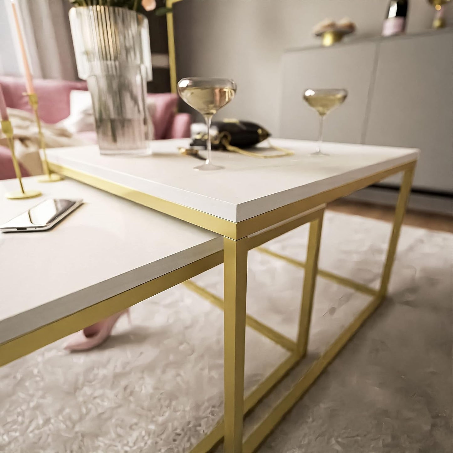 lukmebel Yoshi LEVANTO 2-in-1 Coffee Table Set of Two Tables Metal Base Matt Square Worktop 60 x 60 x 42 70 x 46 cm Gold and Levanto Marble