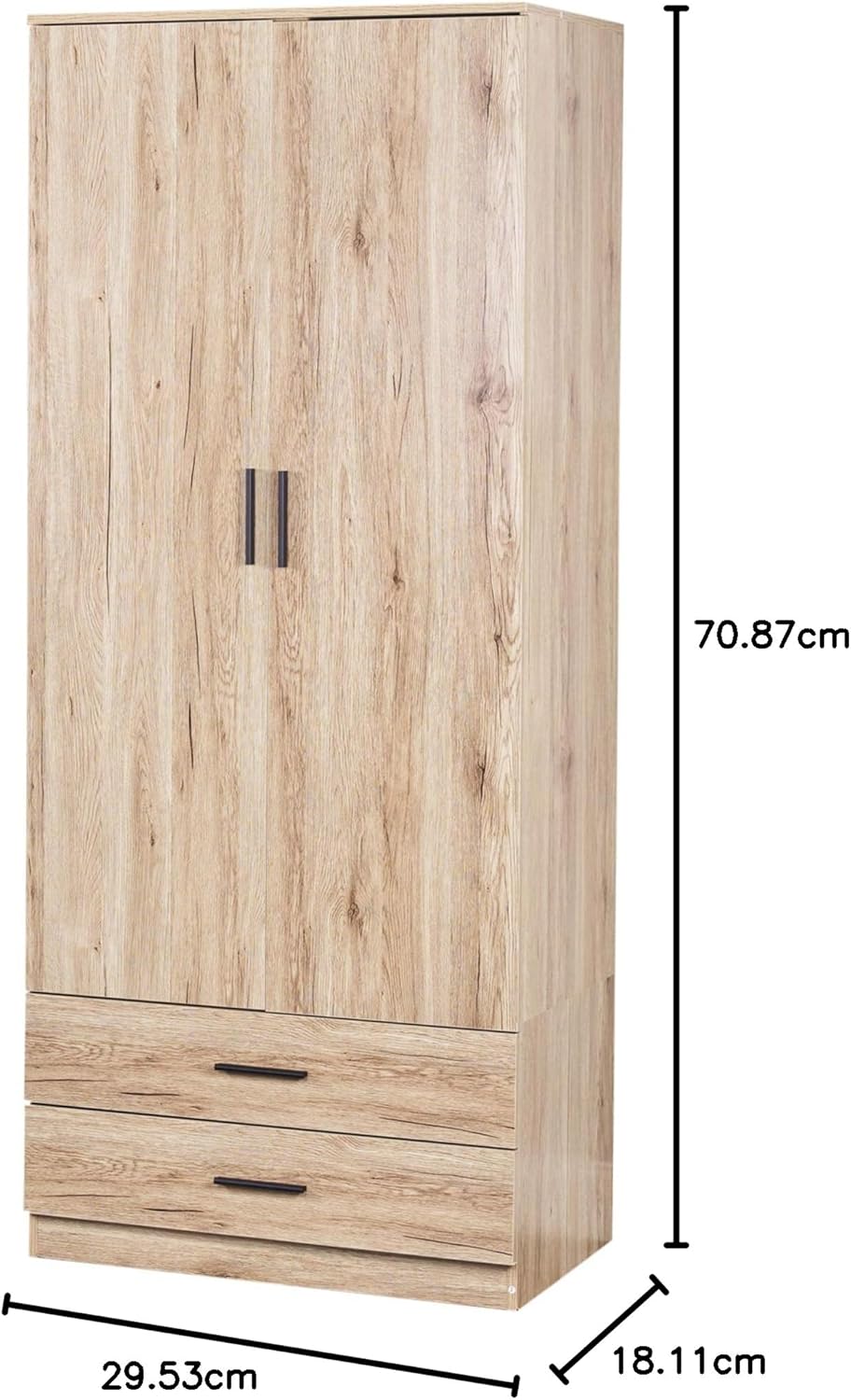 URBNLIVING Tall Wooden 2 Door Oak Wardrobe With 2 Drawers Bedroom Storage Hanging Bar Clothes (Oak Carcass + Oak Drawers)