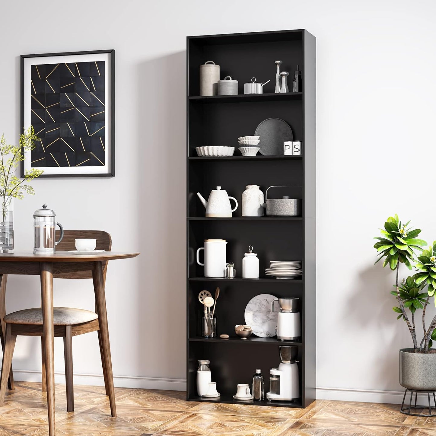 FirFurd Bookcase 6 Tiers Bookshelf Black Tall Display Shelf Freestanding Wooden Storage Unit for Living Room Bedroom Office 60x23.5x180cm