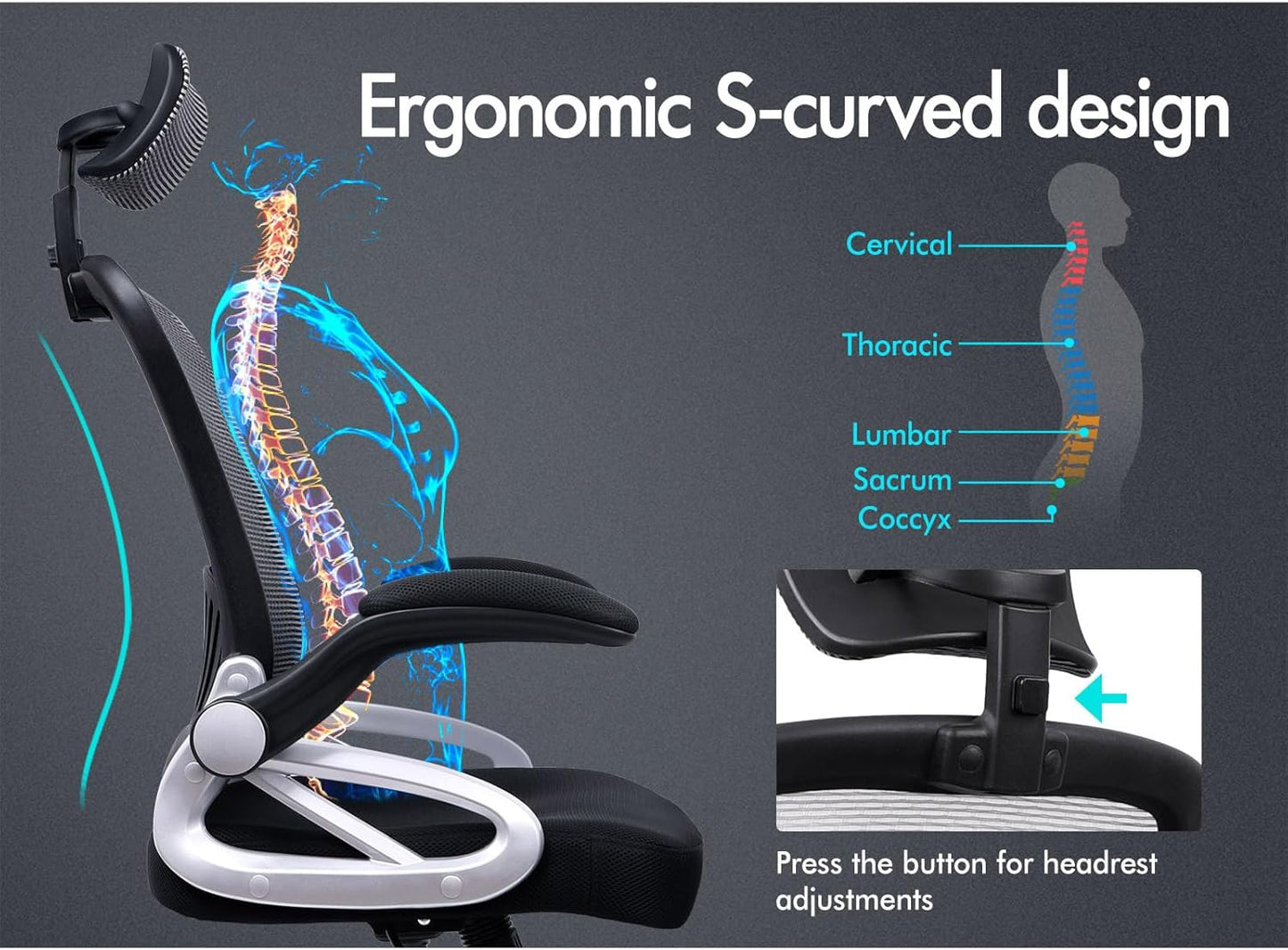 ALFORDSON Ergonomic Office Chair, Desk Chair with Adjustable Headrest, Armrests, Swivel Chair with Rocker Function, Higher Backrest, 180 kg Load Capacity, Black