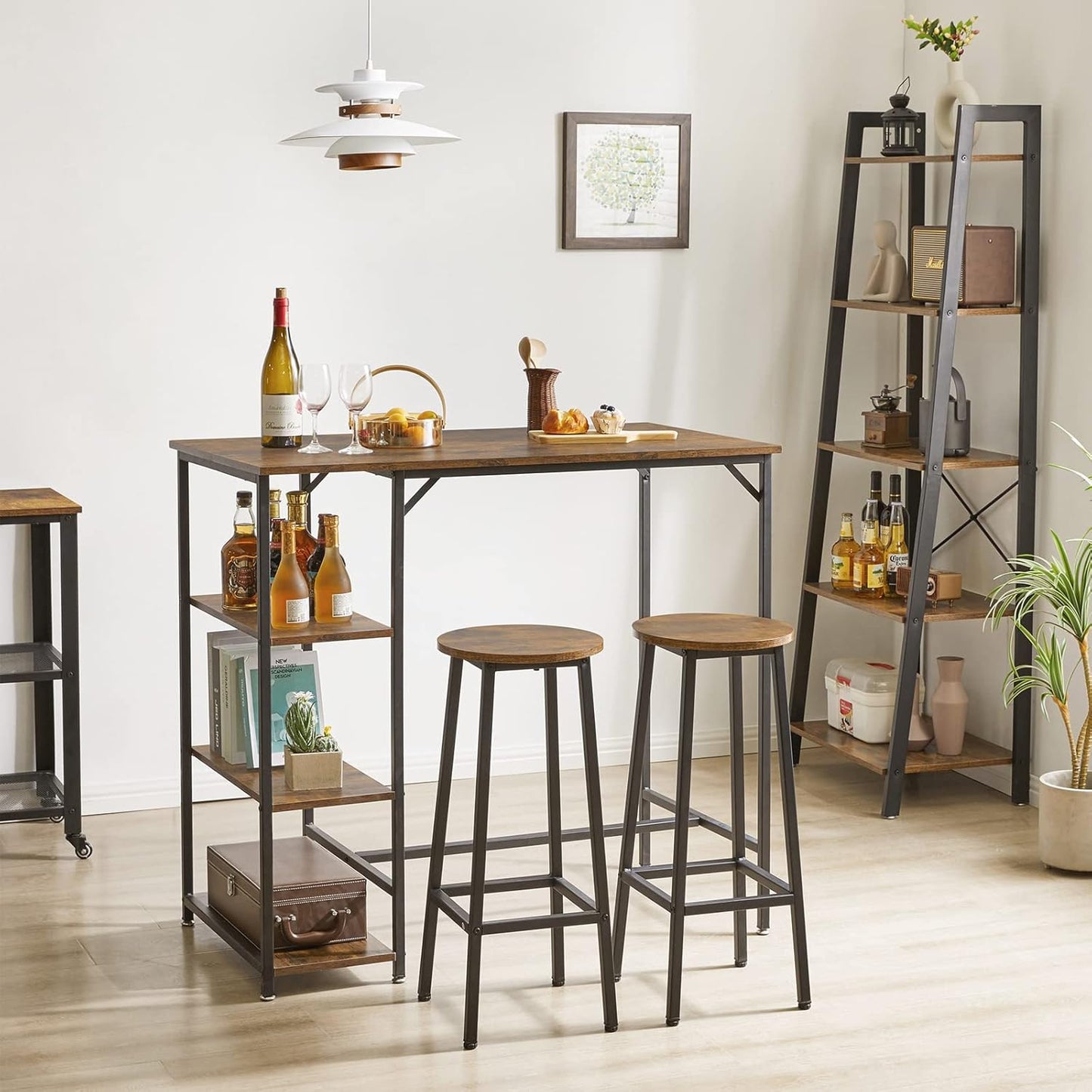 IBUYKE Rectangular High Bar Table, Kitchen Island with 3 Shelves, Bar Counter with Stable Iron Structure, 109 x 60 x 100 cm, Easy to Assemble, Vintage Brown TMJ054H