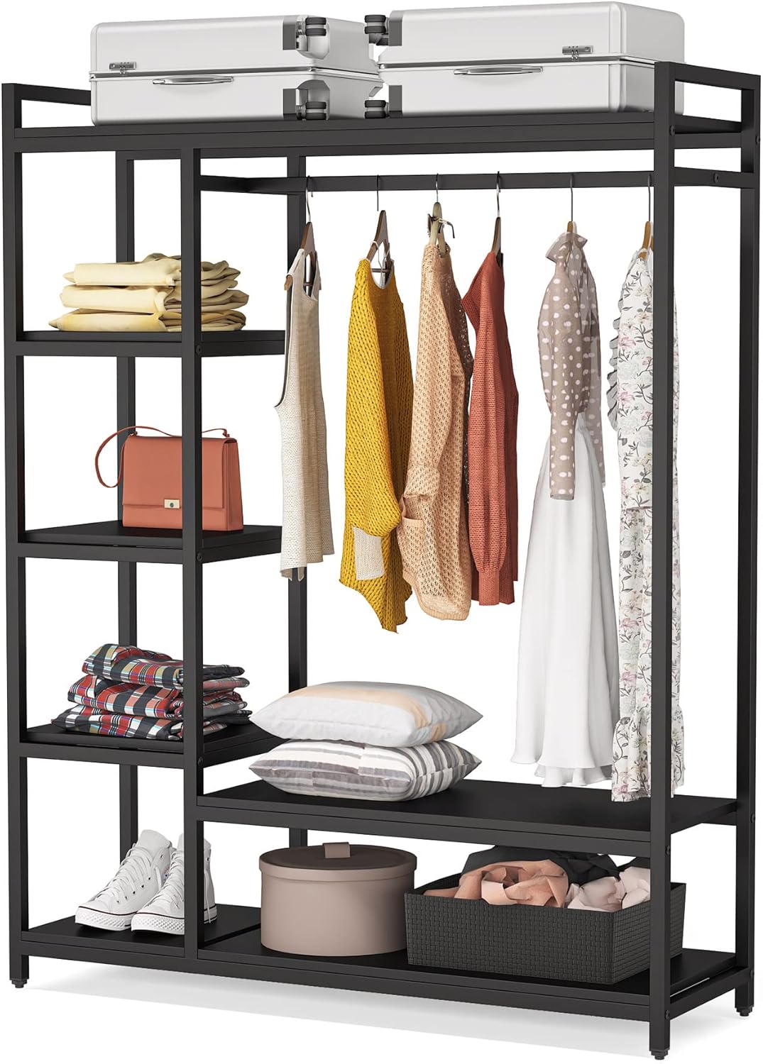 LITTLE TREE Free-standing Closet Organizer, Heavy Duty Clothes Closet, Portable Garment Rack with 6-tier Shelves and Hanging rod, Black Metal Frame & White Board (Black&black)