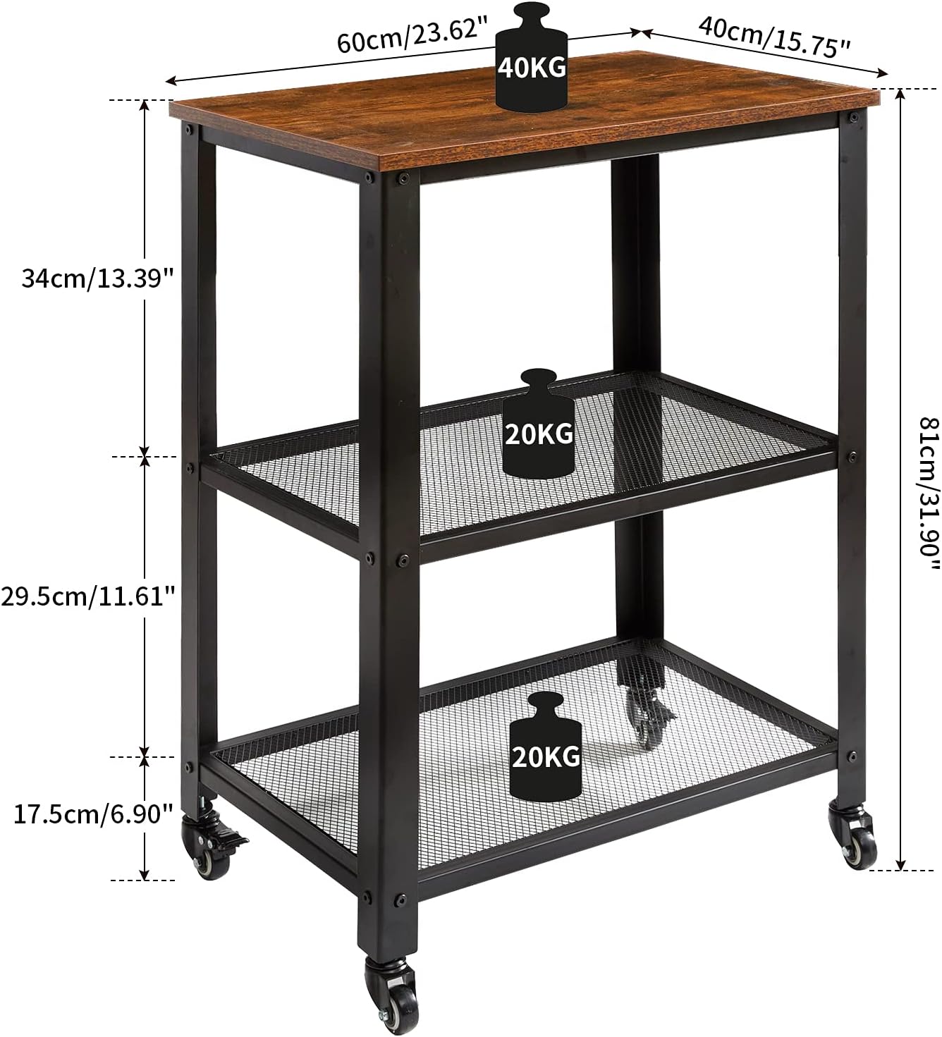 IBUYKE Serving Cart Trolley 60x40x81cm, Industrial Kitchen 3 Levels Shelves, Rolling Utility Cart with 4 Wheels, Heavy Duty Storage Organiser for Kitchen living room TMJ011H