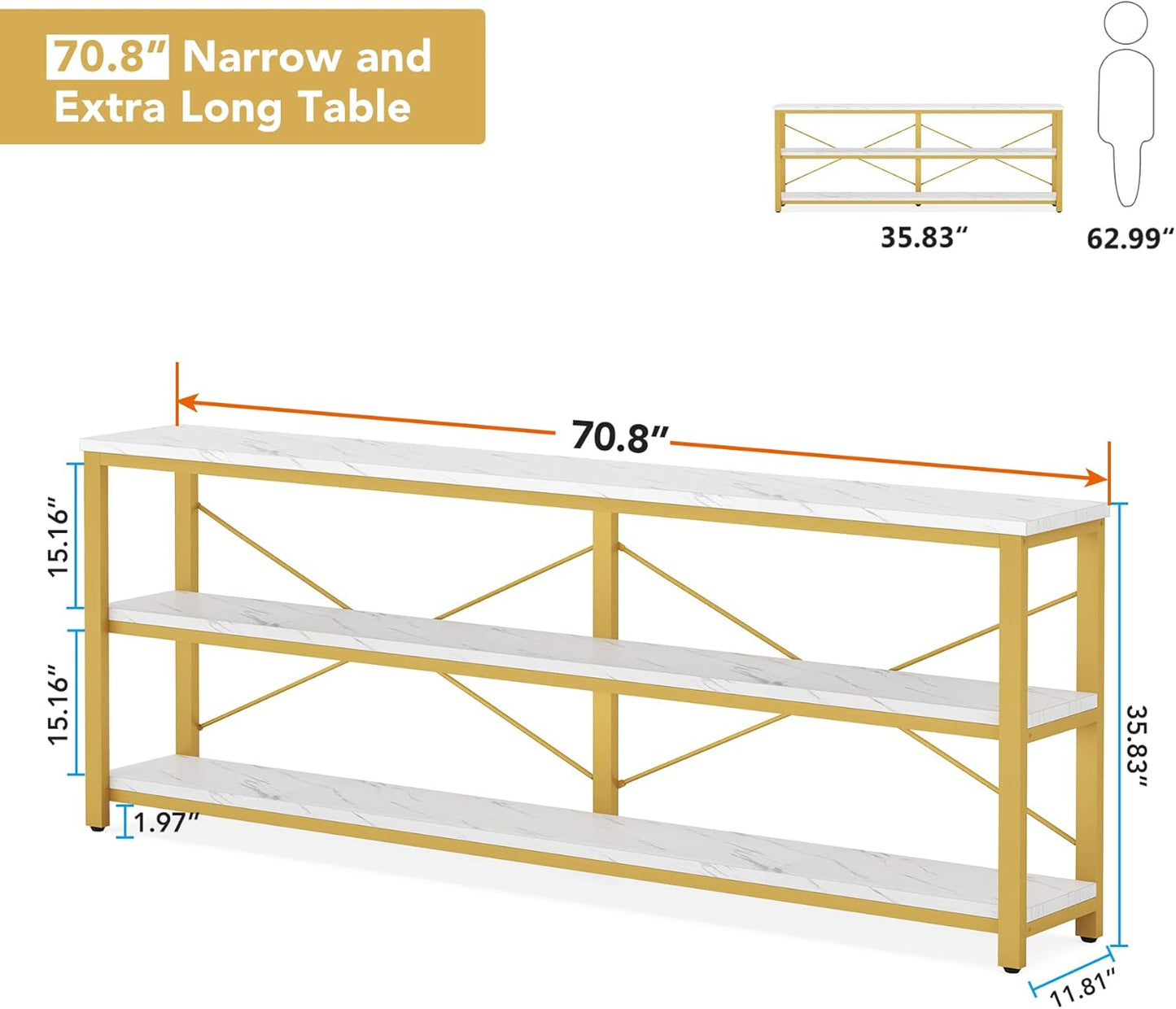 Tribesigns 71" Sofa Tables,Extra Long Couch Table, Narrow Long Console Table, Entryway Table,Sofa Table with 3 Tiers Storage Shelves