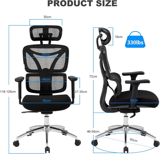 Ergonomic Office Chair, Home Office Desk Chair with Adjustable Headrest & Armrest, High Back Mesh Computer Chair with Thickened Cushion & Dynamic Lumbar Support,360° Swivel Chair for Home Office