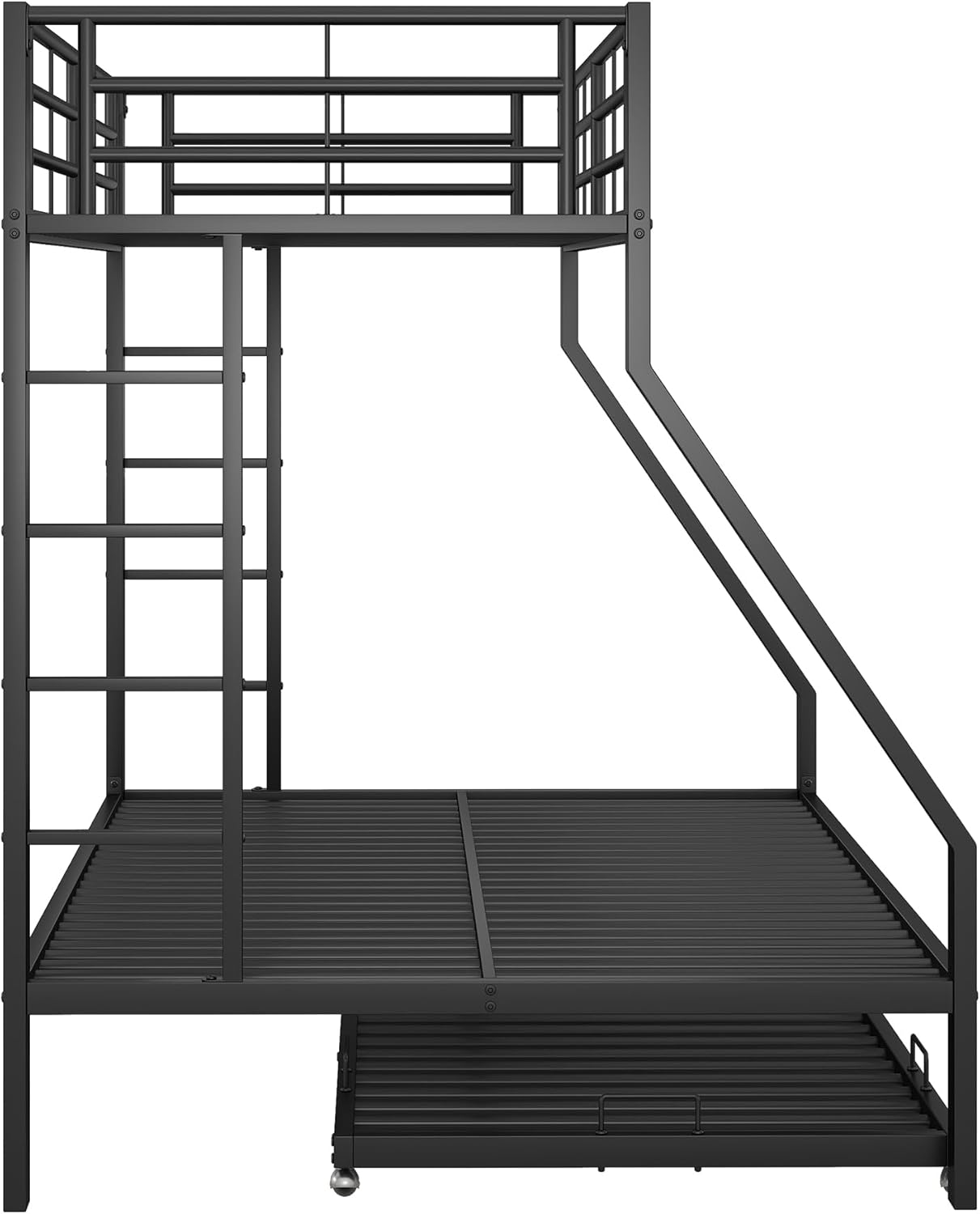 KUAKE Bunk Bed, Metal Bed with Pull-Out Bed, with Ladder on Both Sides for Children, Teenagers, Adults, 90 (140) x 200 cm, (Black)