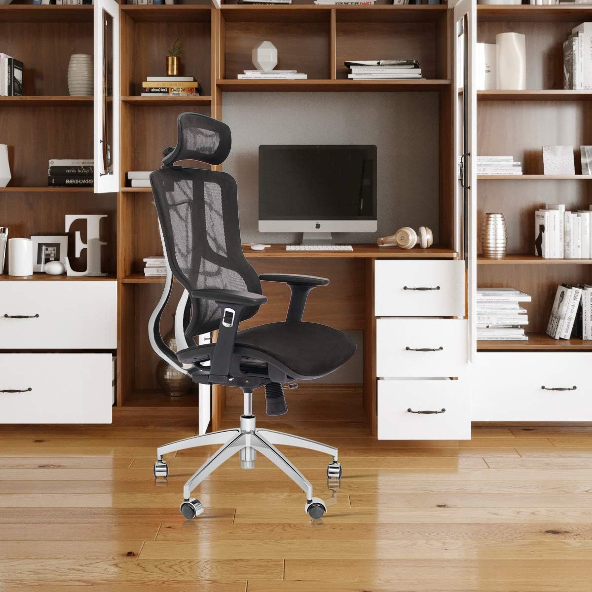 CangLong Executive Chair with 2D Adjustable Headrest, Ergonomic Office Chair with Mesh Seat and High Back, Desk Chair with 3D Armrest, Multifunction for Relaxation, BIFMA Certification No 5.1, Black