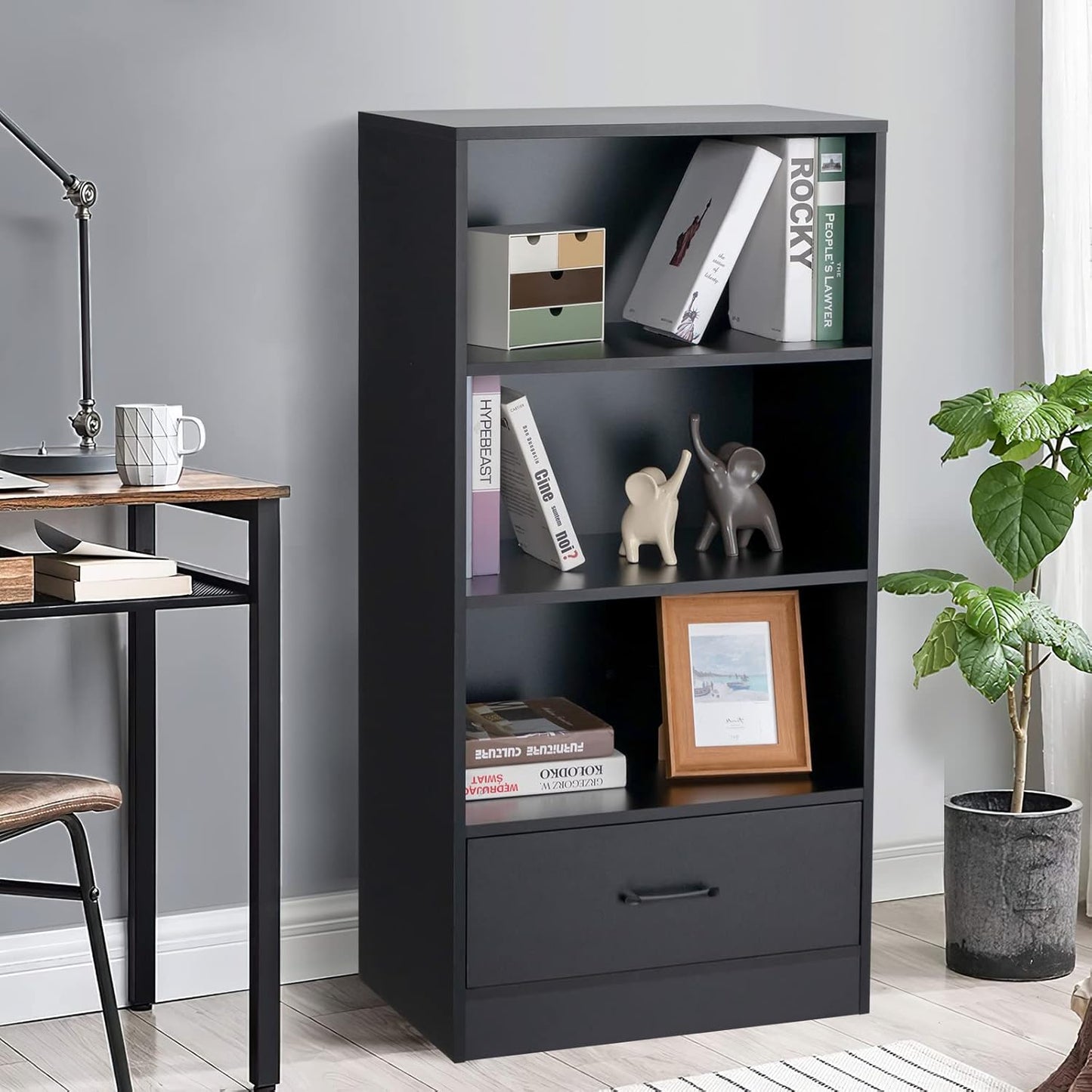 COSTWAY Wooden Bookcase, Freestanding Storage Bookshelf Cabinet with 3-Tier Open Shelves & Drawer, Display Rack Shelving Unit Cupboard for Living Room, Bedroom, Hallway and Office (Black)