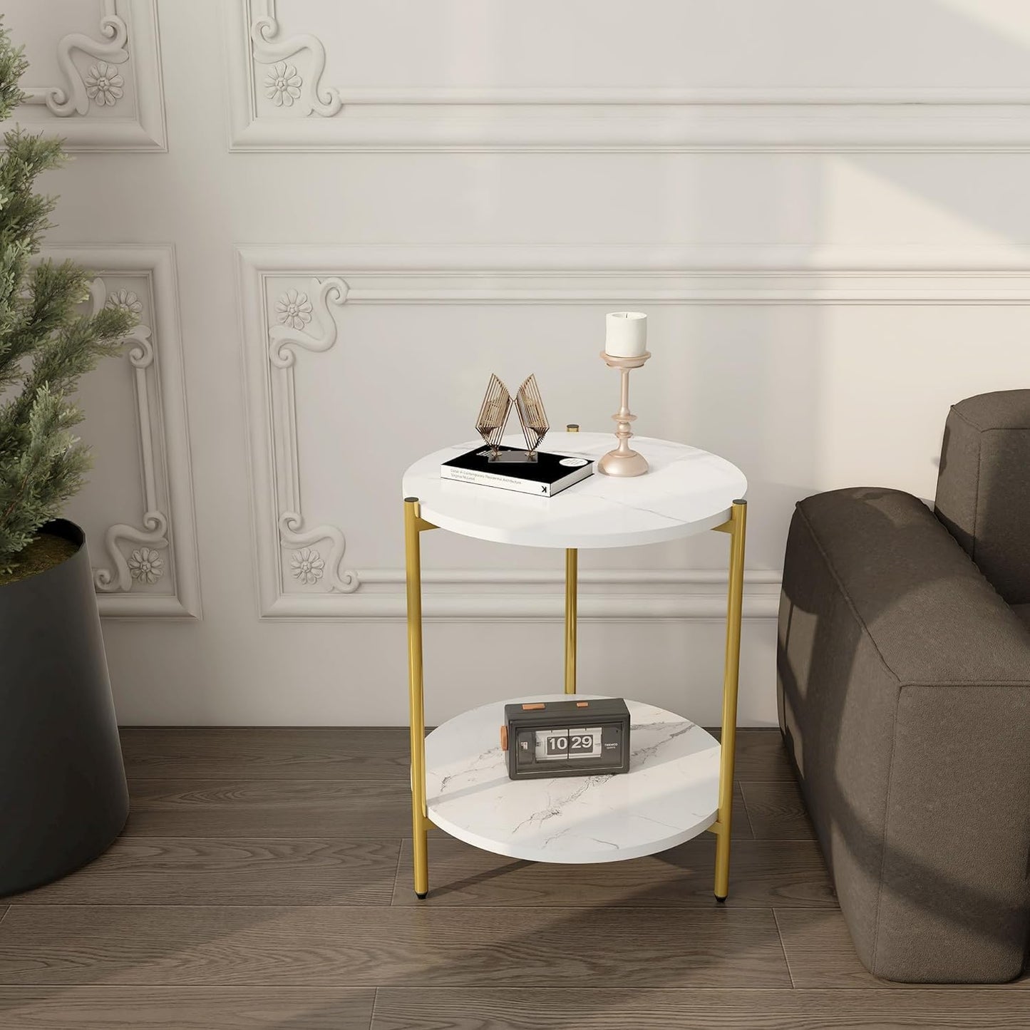 Homes Element Multi-Purpose Modern Versatile Marble Texture 2 Tier Round Shape Coffee Table Nesting Table End Table Bedside Table Nightstand for Living Room Bedroom Reception Office-40x40x43cm(White)
