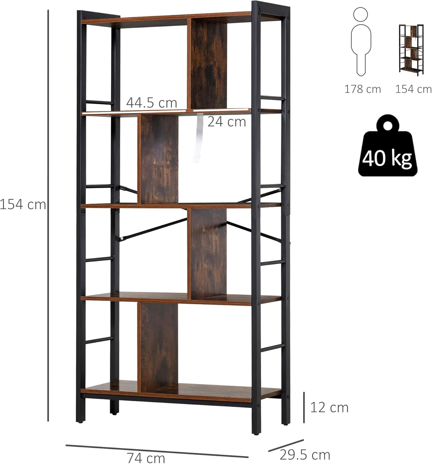 HOMCOM Industrial Bookshelf, Bookcase with 4-Tier Storage Rack furniture for Living Room Office Brown Black