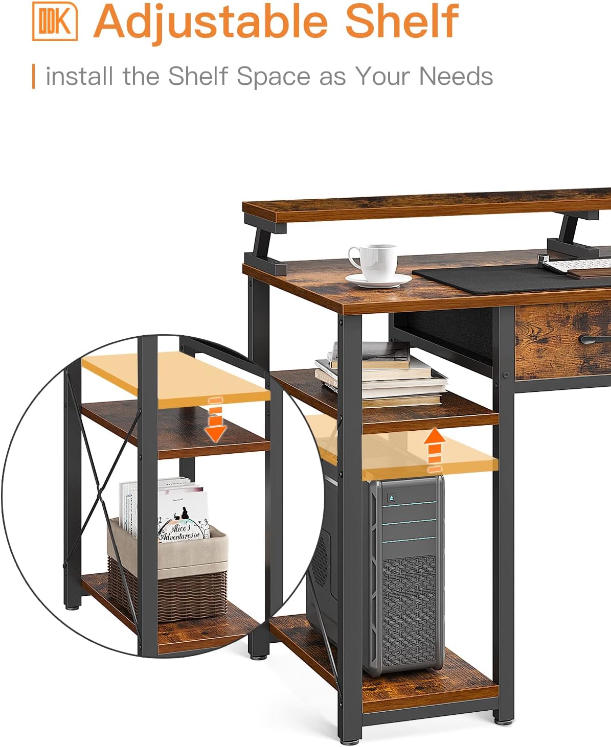 ODK Computer Desk 40" Table: Office Desk with Drawers & Wood Storage Shelves, Home Work Writing Desk & Large Space Monitor Stand, Rustic Brown