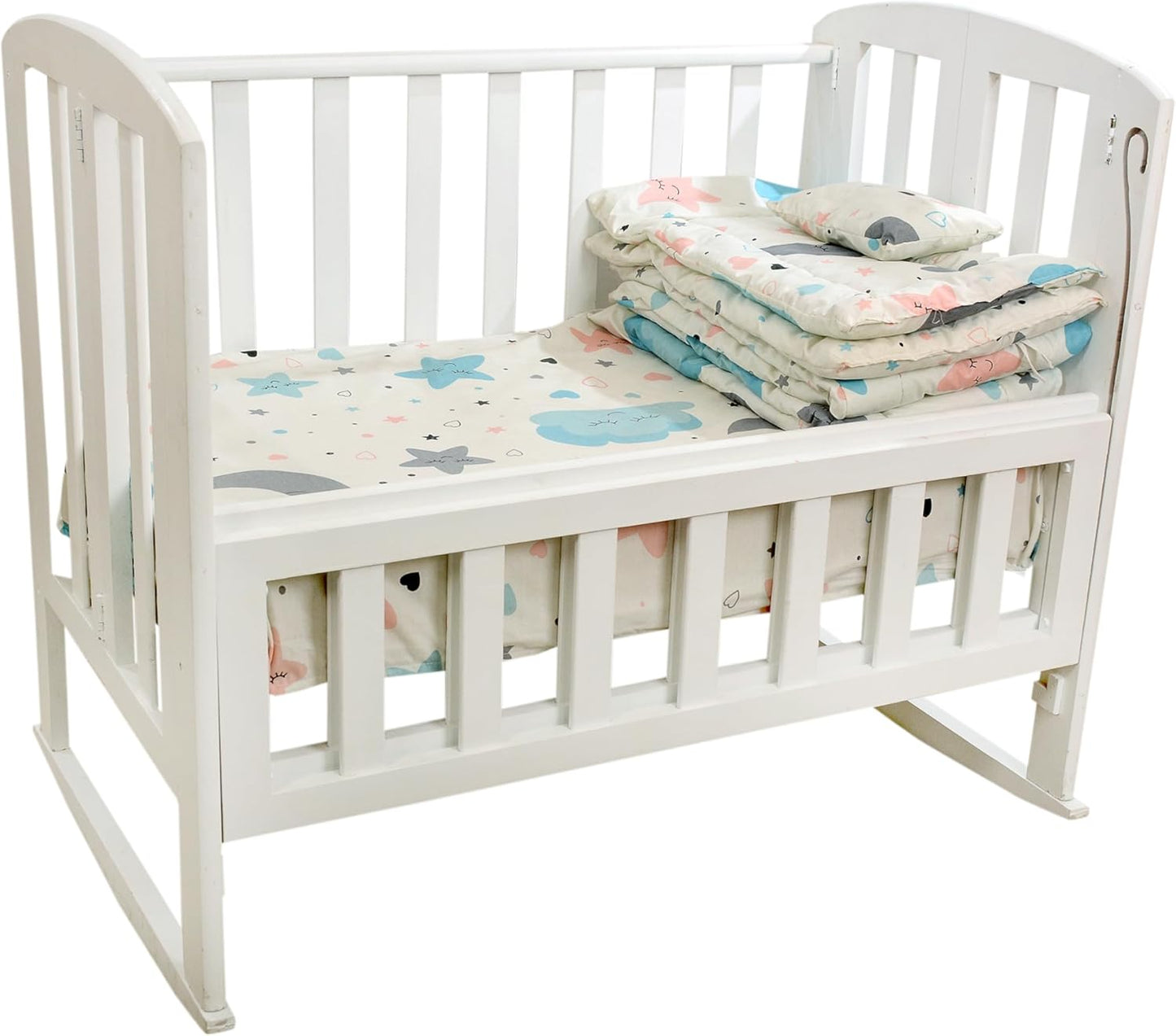 Baby Bed Made of Beech Wood White 3 Levels Open from the Side for Easy Attachment to Mother Bed Comes with Mattress + 4 Pieces Fiber Sides with Sheet and Pillow Free Gift