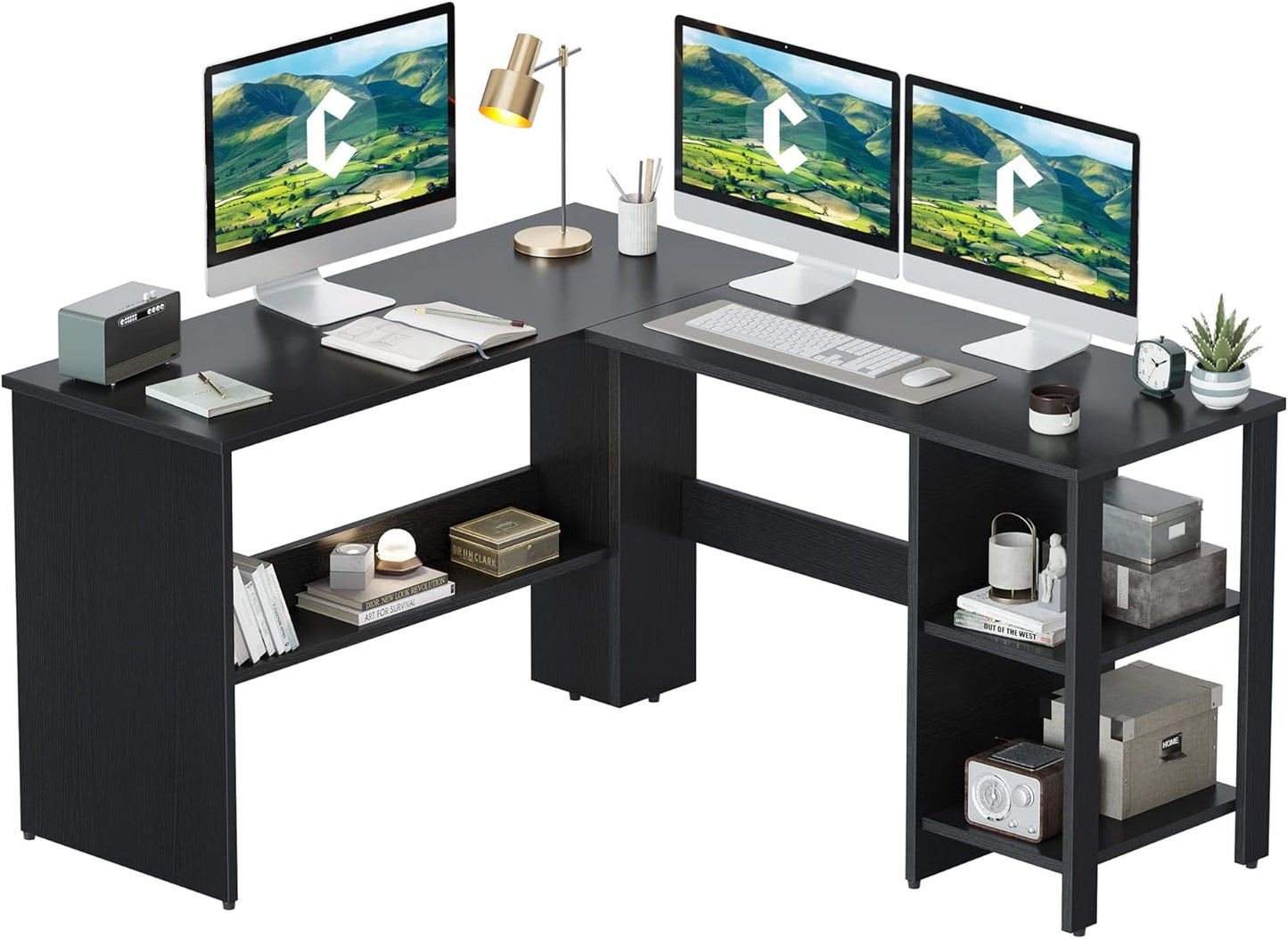 CubiCubi L Shaped Desk, 54.3 Inch Corner Computer Desk with Storage Shelves, Home Office Workstation for Study or Working, Black