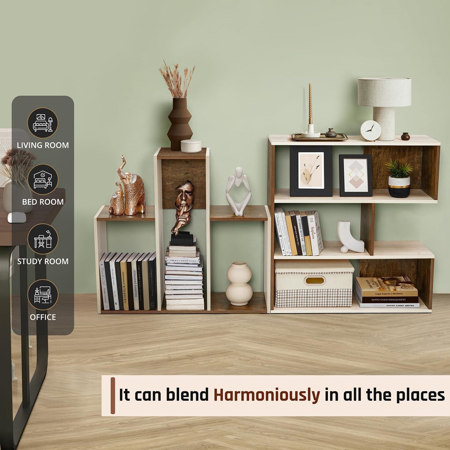ABOUT SPACE Book Shelf for Home Library-Rectangle/L-Shaped Rack for Storage 6 Compartment Book Stand Shelf for Bedroom, Livingroom Decor, Plants and Books (Oak White&Walnut-L128 x B30 x H85 cm)