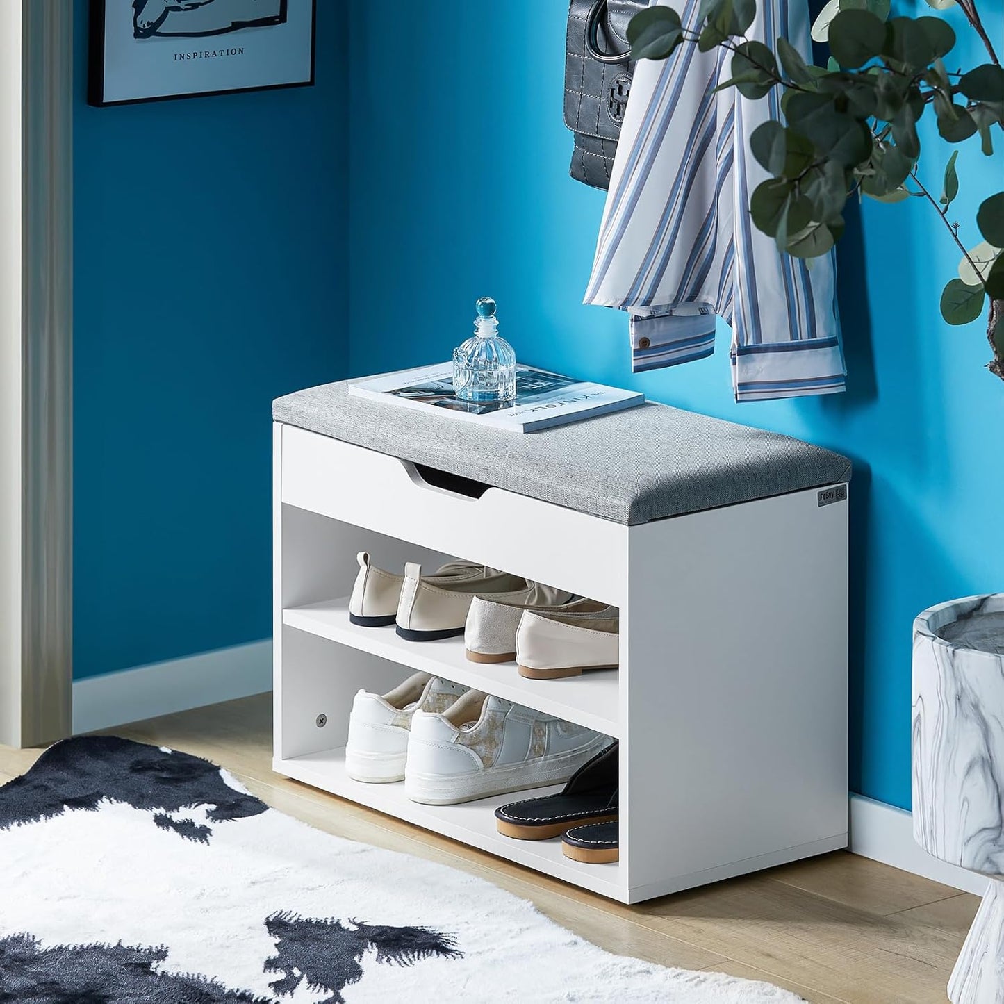 SoBuy FSR25-HG Shoe Bench with Seat, Shoe Rack, Shoe Cabinet, Shoe Chest, Light Grey, W x H x D x H x D approx. 60 x 43 x 30 cm