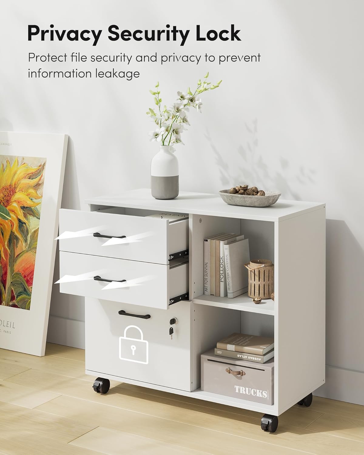 FEZIBO 3-Drawer Mobile File Cabinet, Lateral Filing Cabinet with Lock, Printer Stand with Open Storage Shelves for Home Office, White