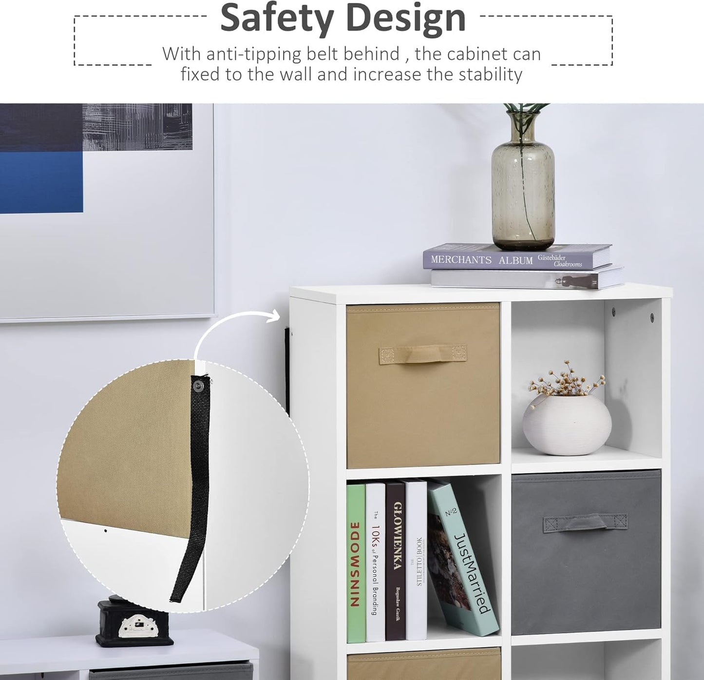 FurniFlex Free-Standing 8 Cube Storage Cabinet with 4 Fabric Drawers, 54.5 cm Length x 24 cm Width x 122.5 cm Height