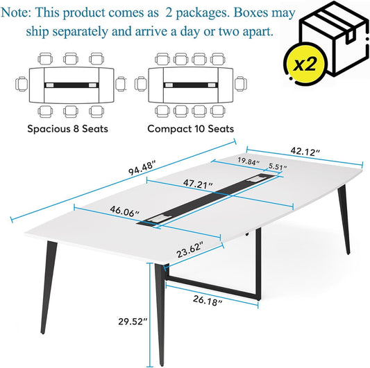 Tribesigns 8FT Conference Table, 94.48L x 47.21W x 29.52H Inches Boat Shaped Meeting Table with Rectangle Grommet, Modern Seminar Table for Office Meeting Conference Room (White & Black, 8ft)