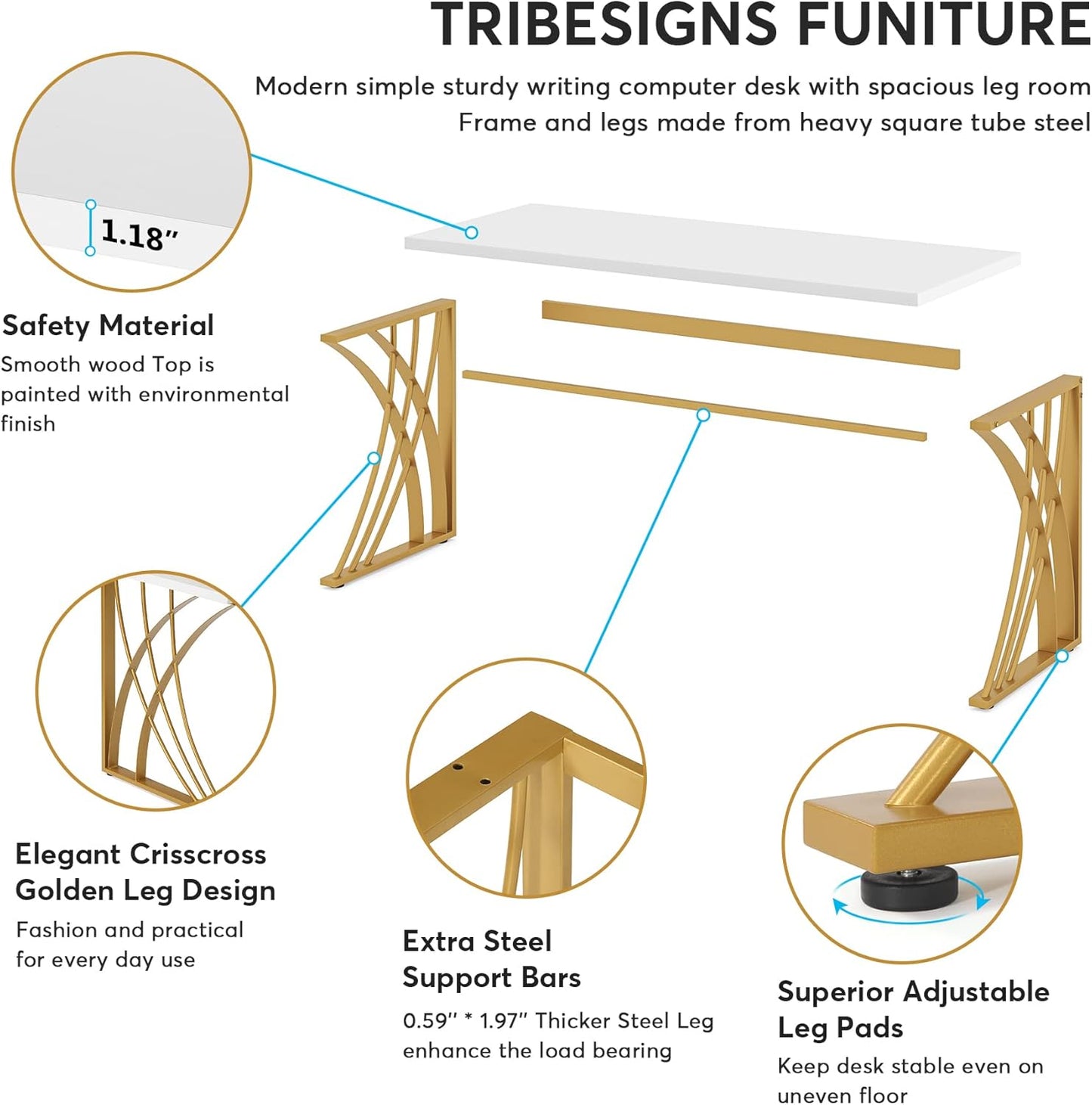Tribesigns 55’’ Large Modern Computer Desk, White & Gold Luxury Laptop PC Student Table, Makeup Vanity Table with Thick Frame & Strong Legs, Sturdy Writing Workstation for Home & Office
